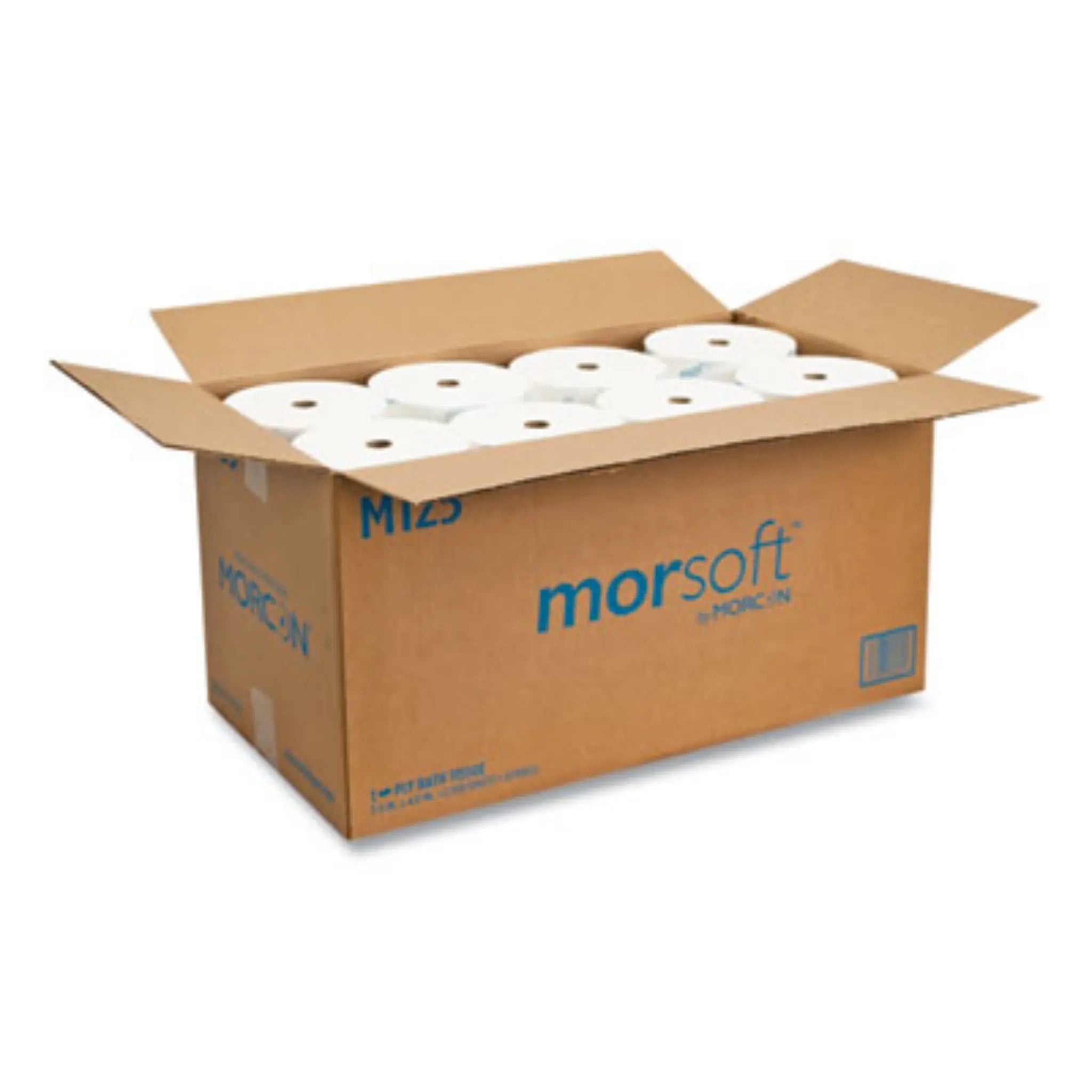 MORCON MORM125 Small Core Bath Tissue, Carton, Front View, Opened