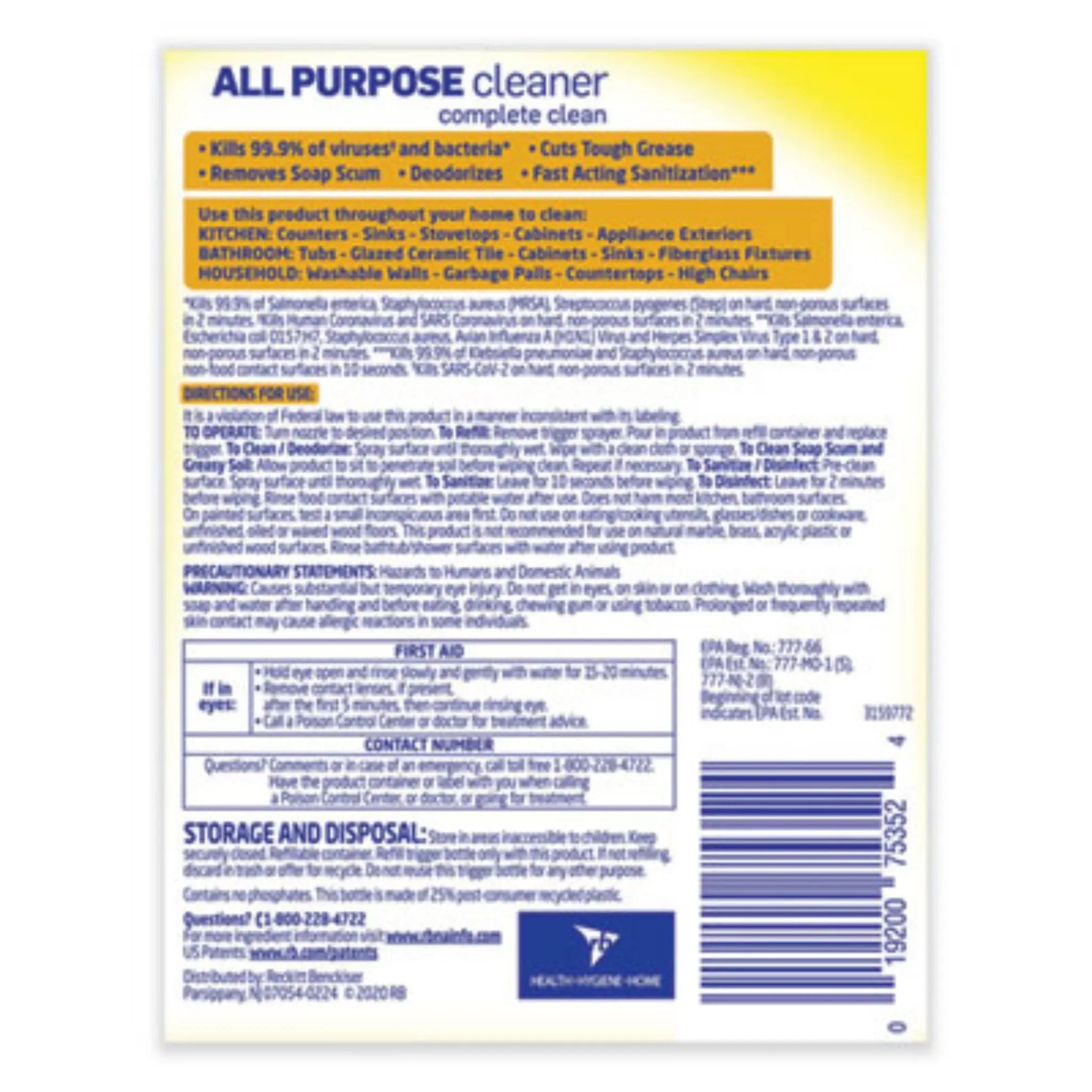 RECKITT BENCKISER RAC75352CT Ready-To-Use All-Purpose Cleaner, Back View