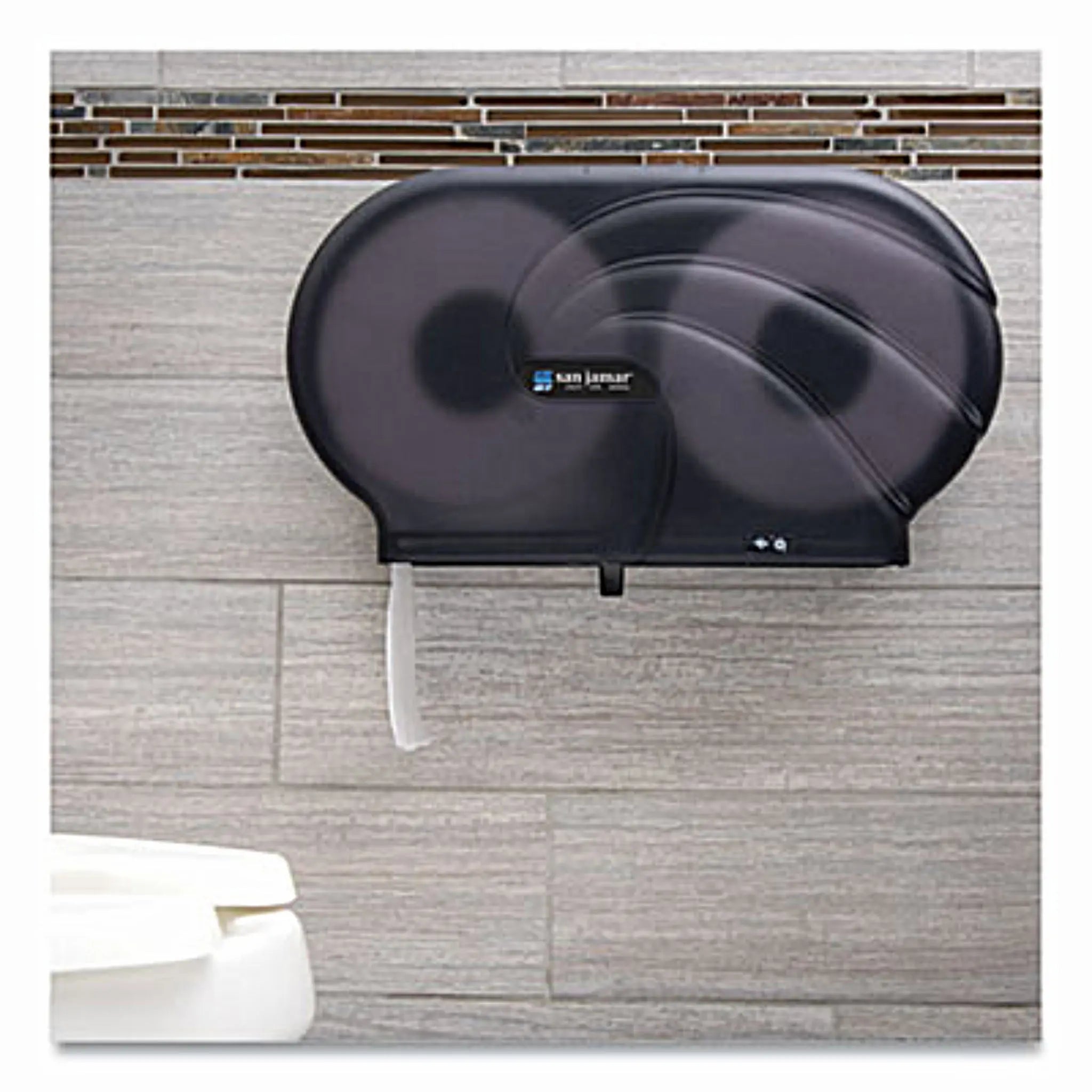 CFS BRANDS San Jamar SJMR4090TBK Twin 9" JBT Toilet Tissue Dispenser, Oceans, 19 x 5.25 x 12, Transparent Black Pearl, Attached