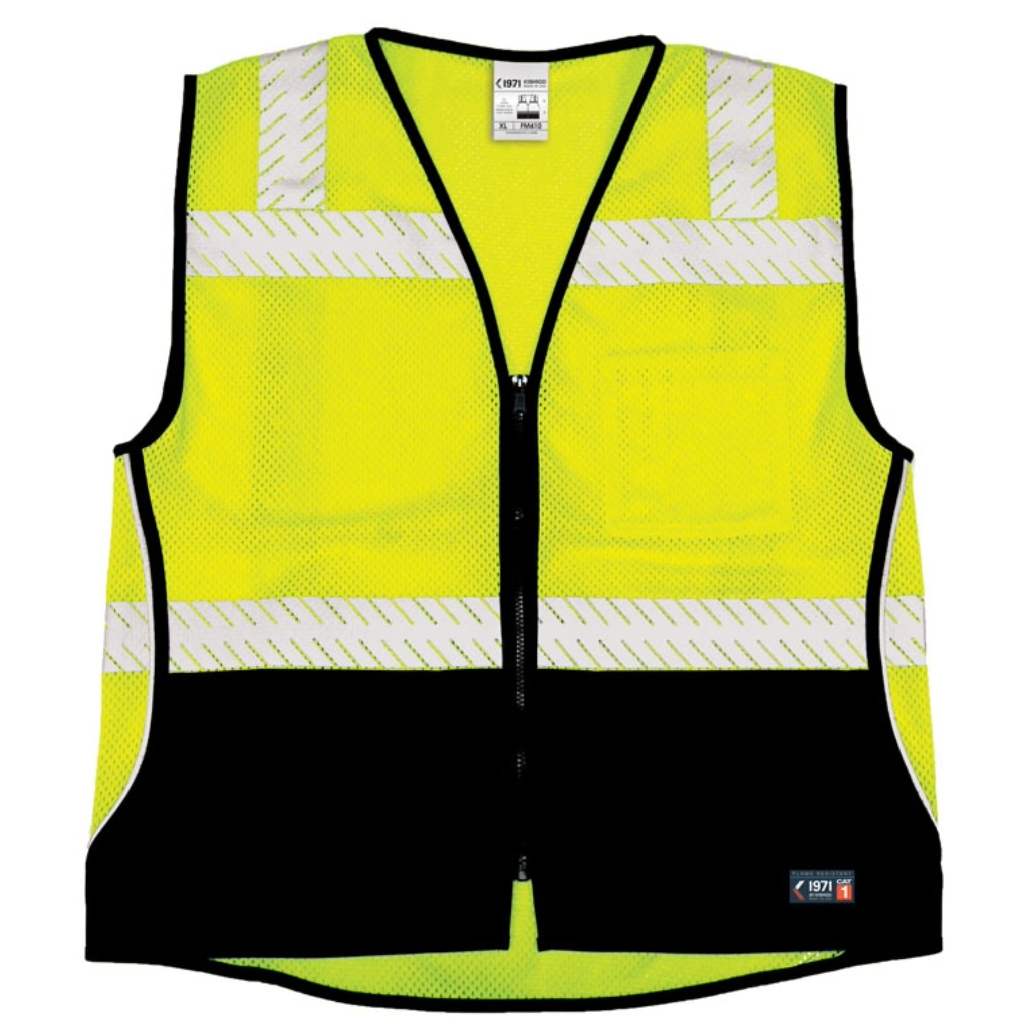 Kishigo FM410 Premium Black Series FR Black Bottom Mesh Vest, Lime, 1 Each-Front-Flat