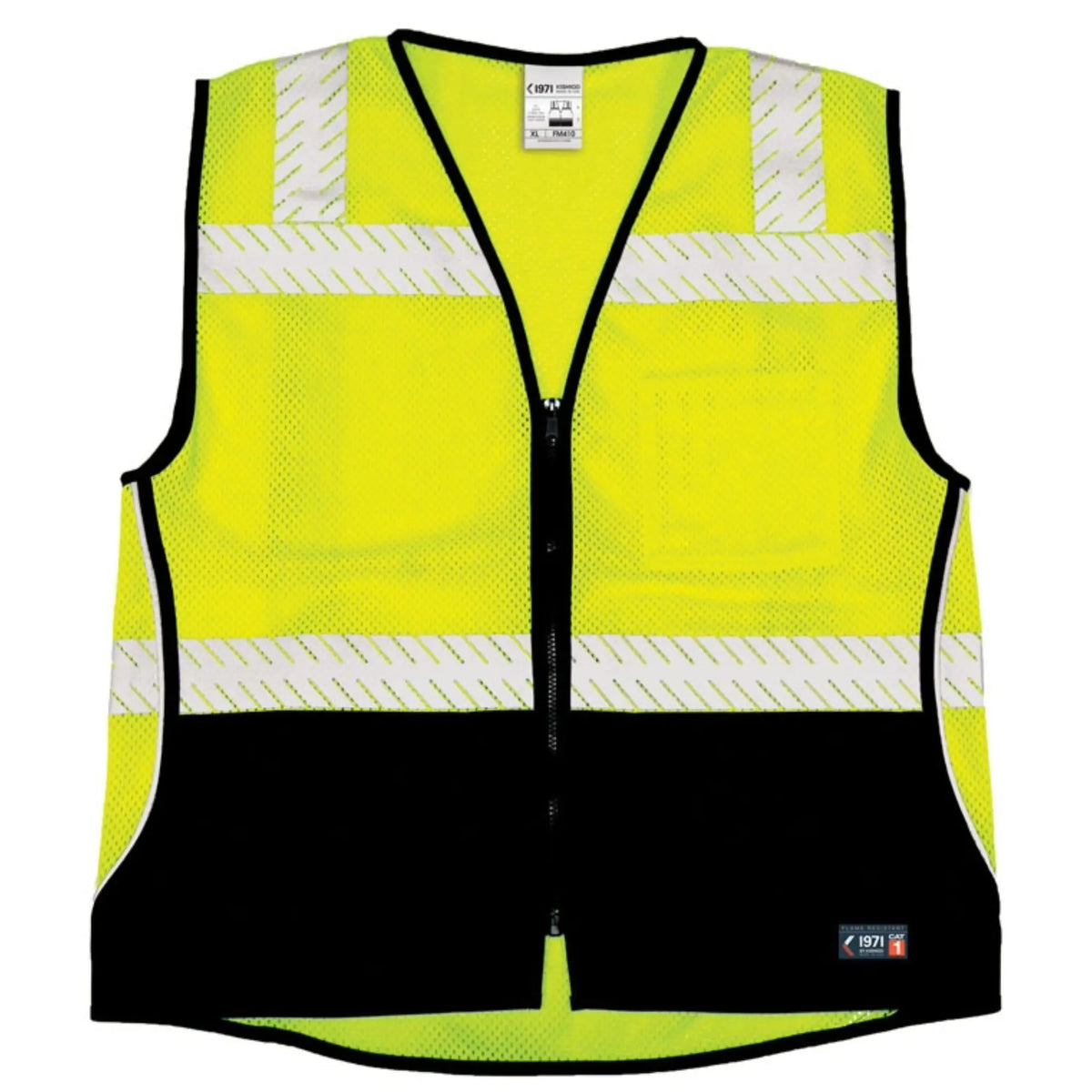 Kishigo FM410 Premium Black Series FR Black Bottom Mesh Vest, Lime, 1 Each-Front-Flat