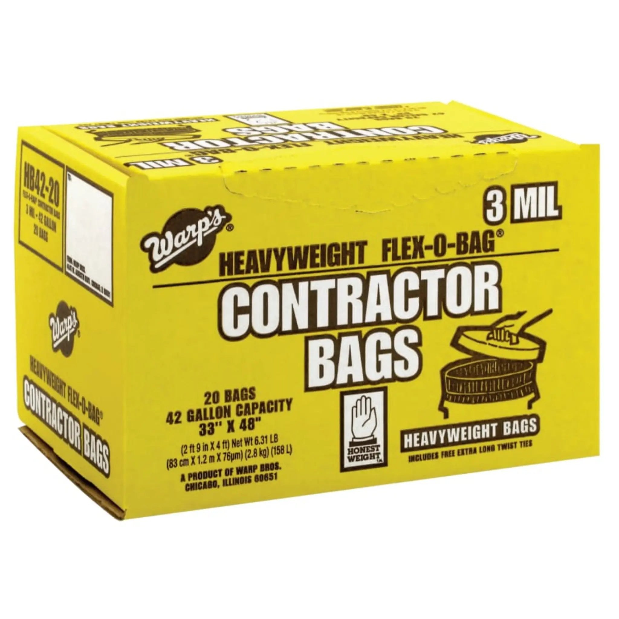 WARP BROTHERS FLEX-O-BAG HB42-20 3 mil Trash Can Liners and Contractor Bags, 42 gal, Heavyweight, Black, 33 in X 48 in, Box of 20