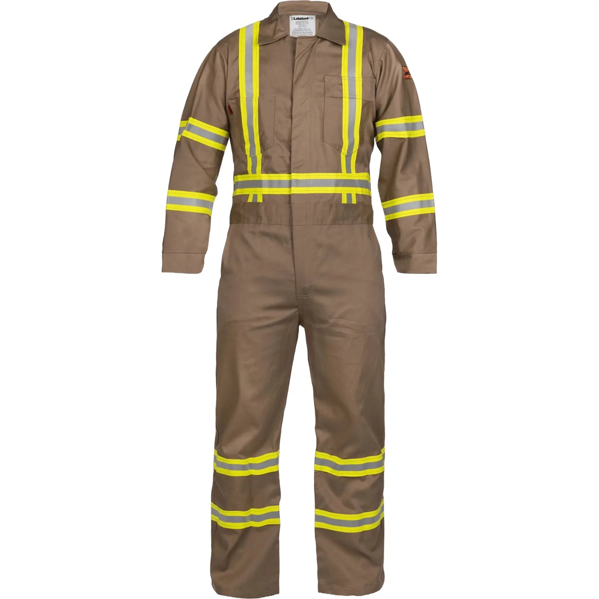 LAKELAND C071RT20 FR Coverall, 88/12 7 Ounce Cotton, Tan with Reflective, 1 Each, Main Image