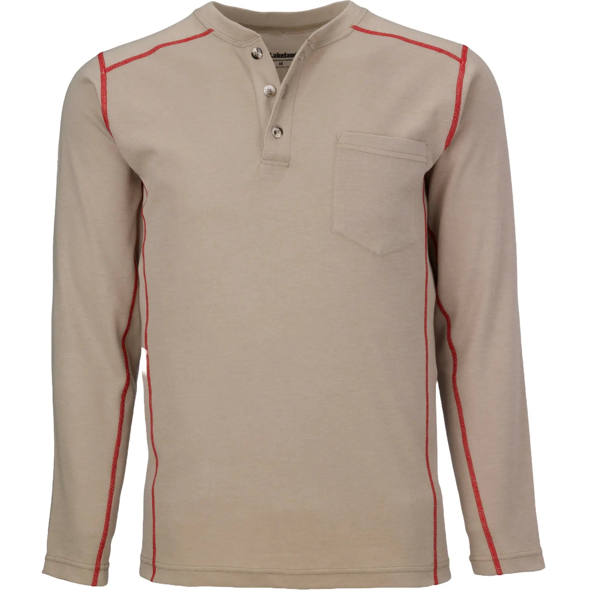 LAKELAND HSAT20 FR Long Sleeve Henley Knit Shirt, Khaki, 1 Each