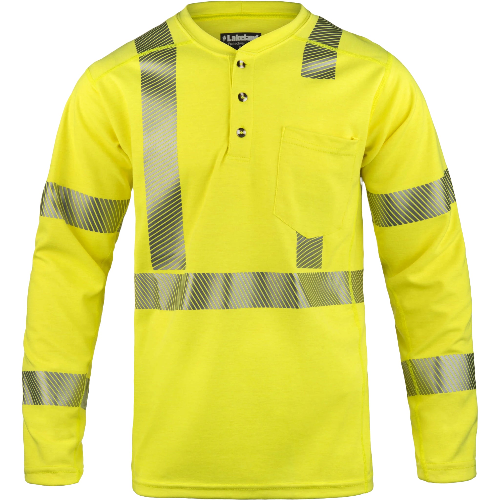 LAKELAND HSAT29RT FR Long Sleeve Henley Knit Shirt, Hi-Vis Yellow, 1 Each