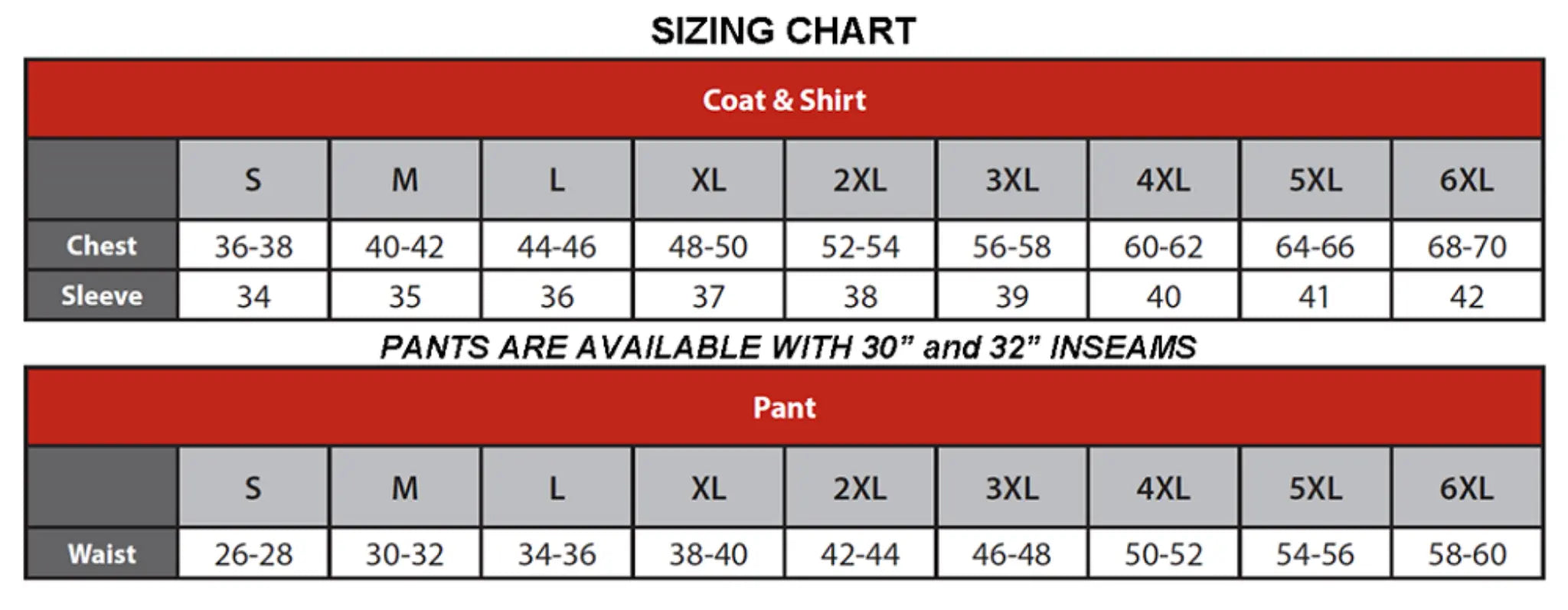 Lakeland WLSCTN26 OSX Nomex Wildland Fire Coat, 1 Each, Sizing Chart