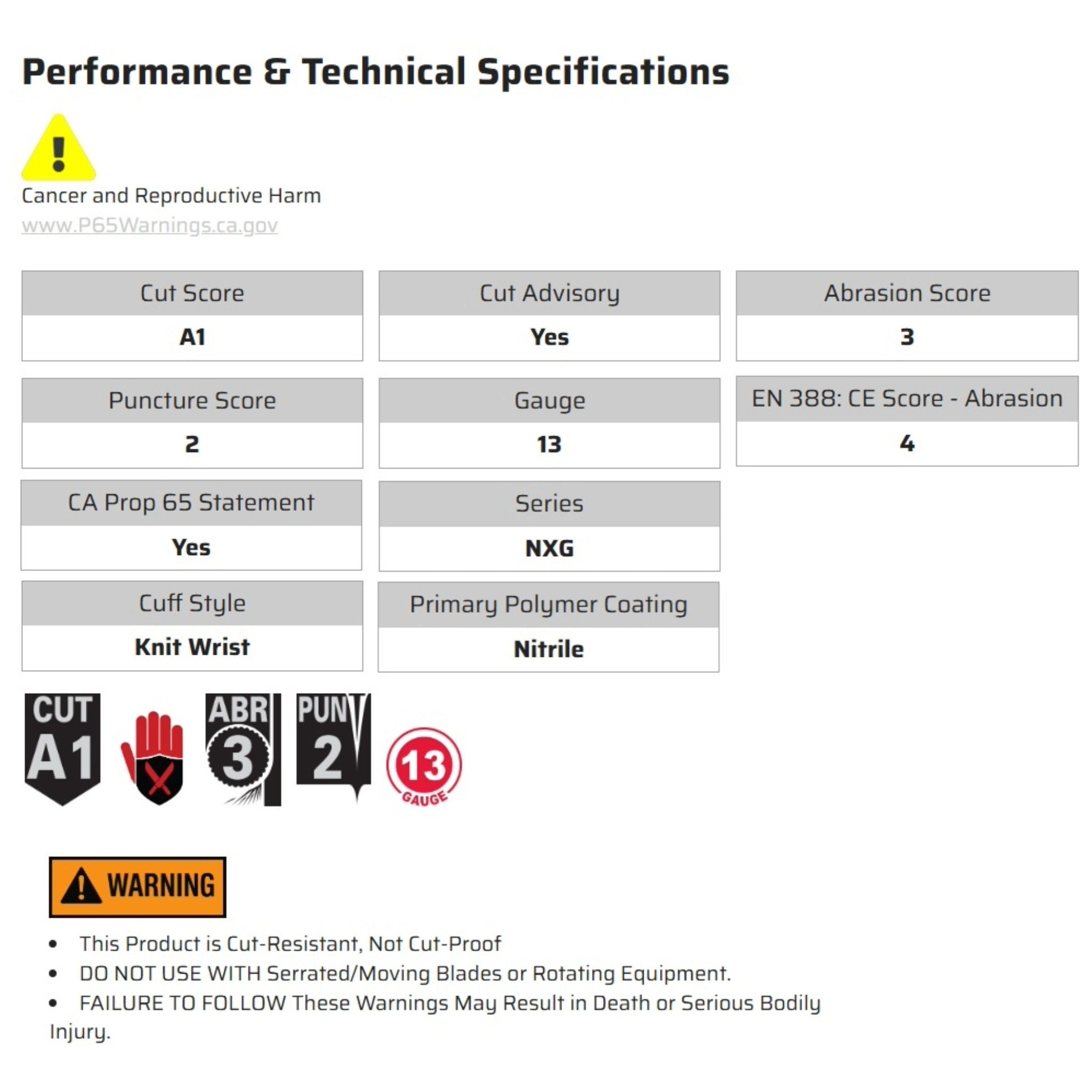 MCR Safety NXG 96781 Work Gloves, Specs