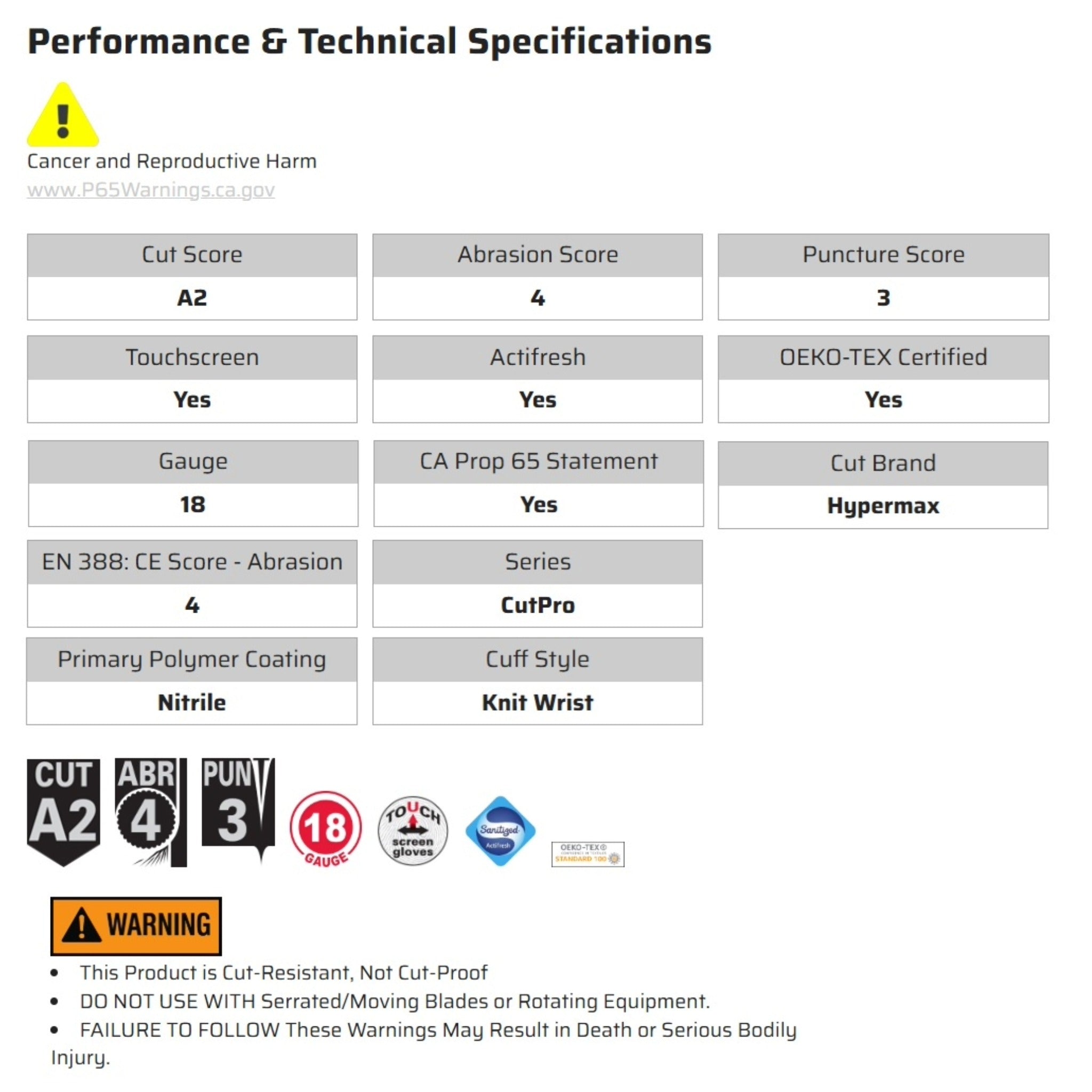 MCR Safety CutPro 96782 Work Gloves, Specs