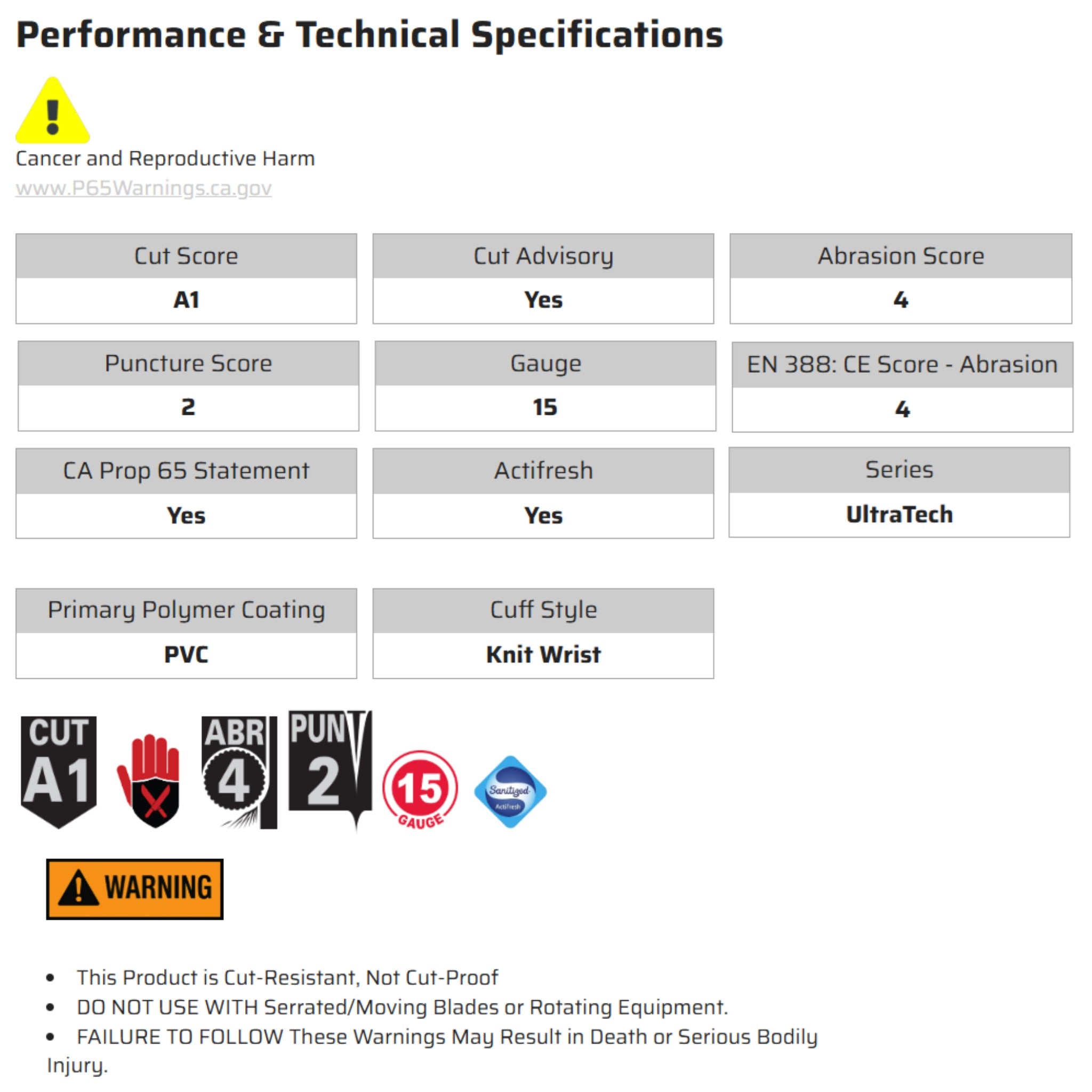 MCR Safety UltraTech 9699 Work Gloves, Specs