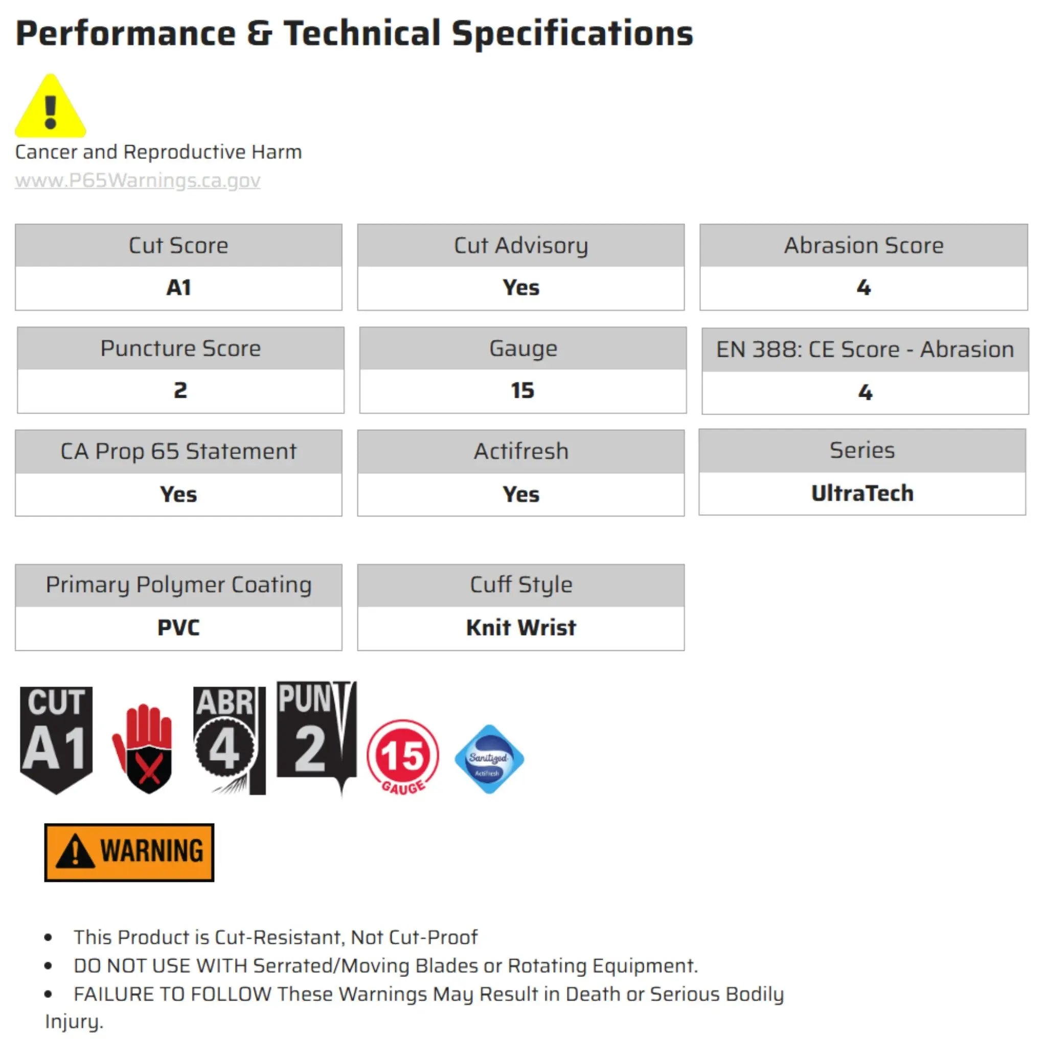 MCR Safety UltraTech 9699 Work Gloves, Specs