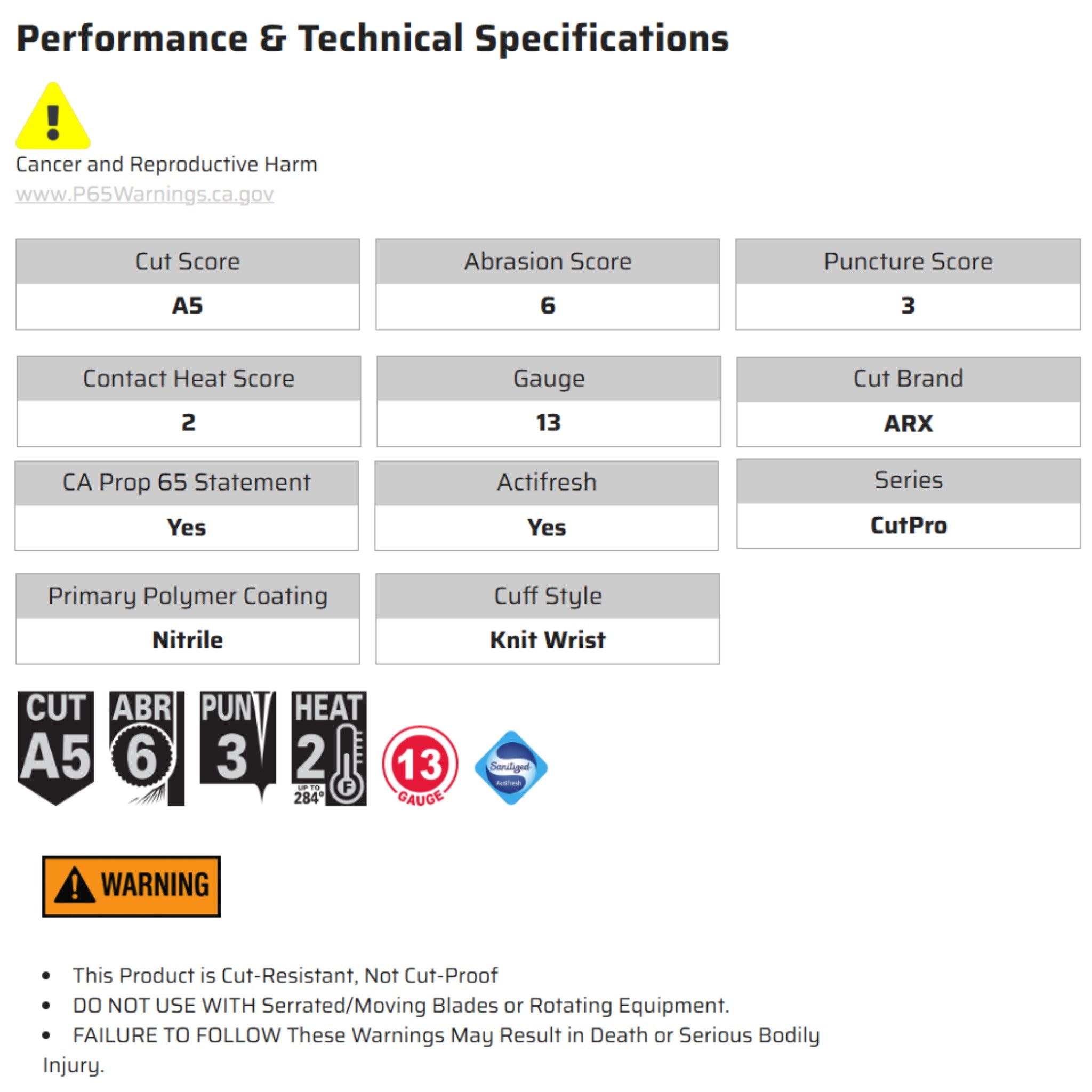 MCR Safety CutPro 9813NF Work Gloves, Specs