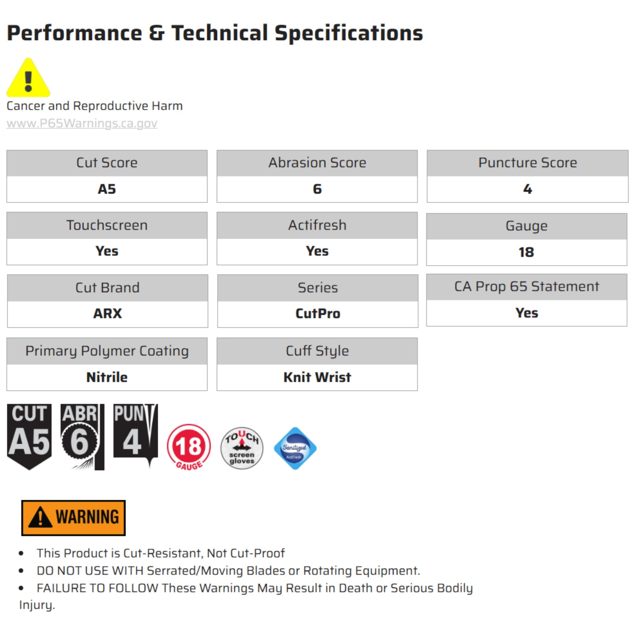 MCR Safety CutPro 9818NF Work Gloves, Specs