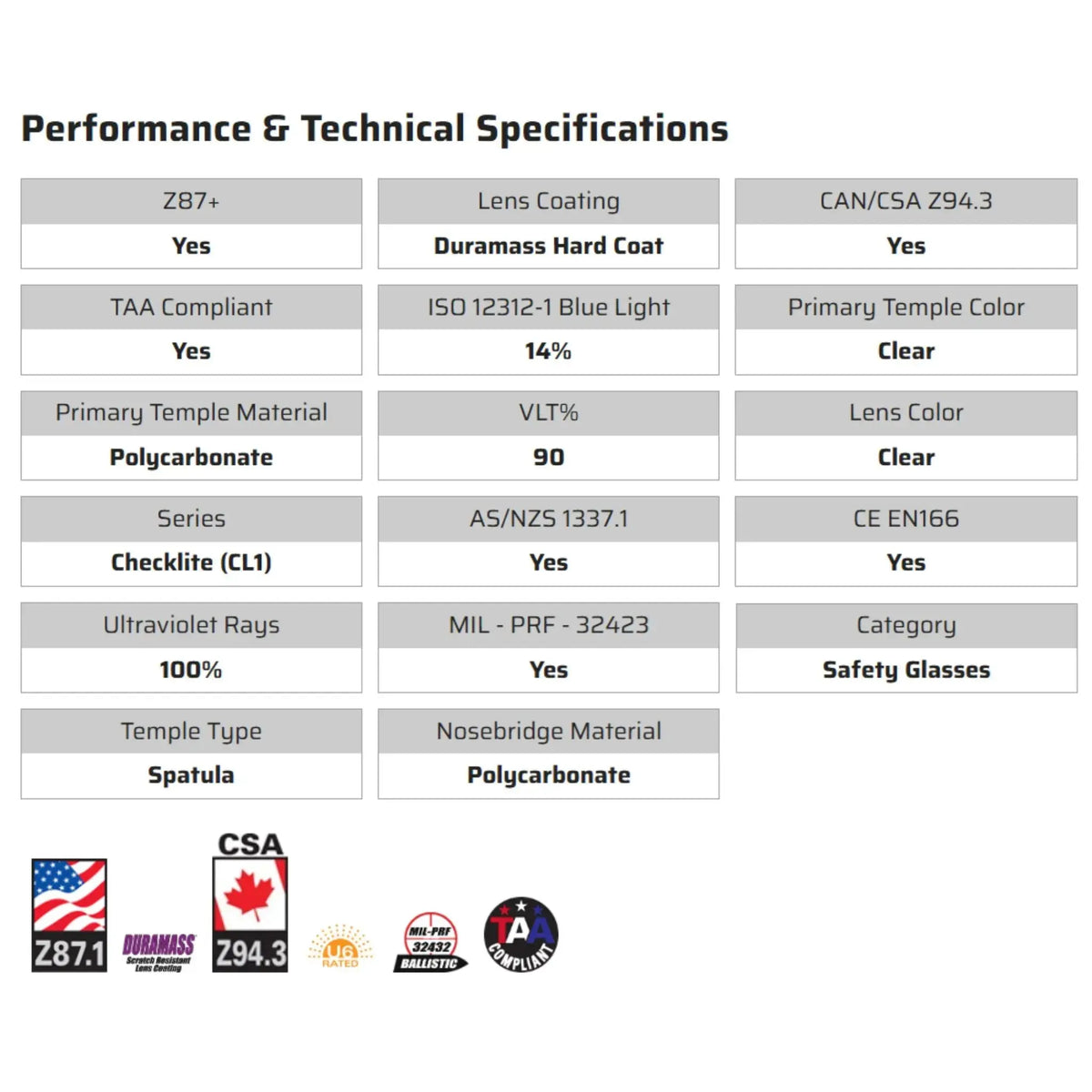MCR Safety Checklite CL110 Safety Glasses, Specs