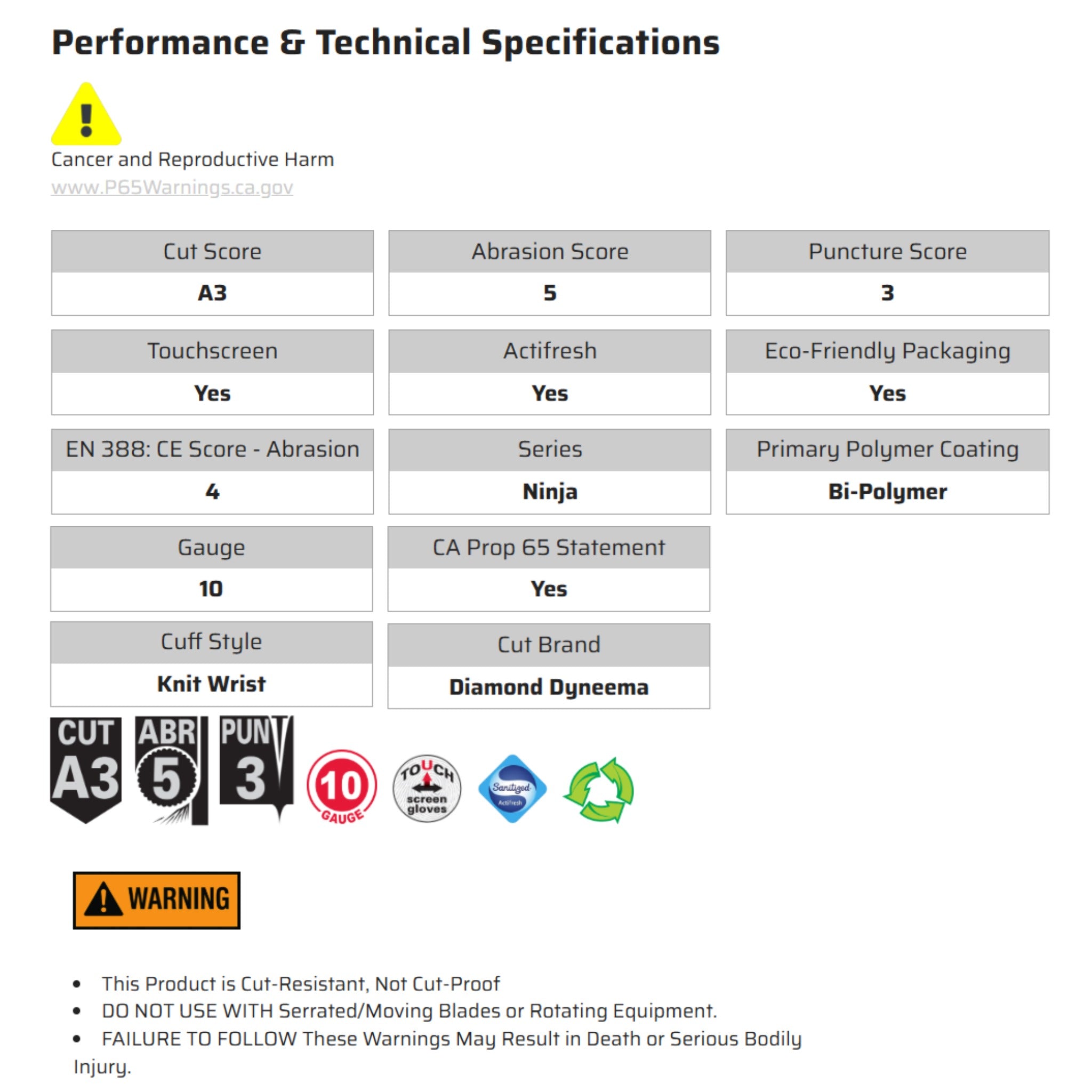 MCR Safety Ninja Max N9676G Work Gloves, Specs