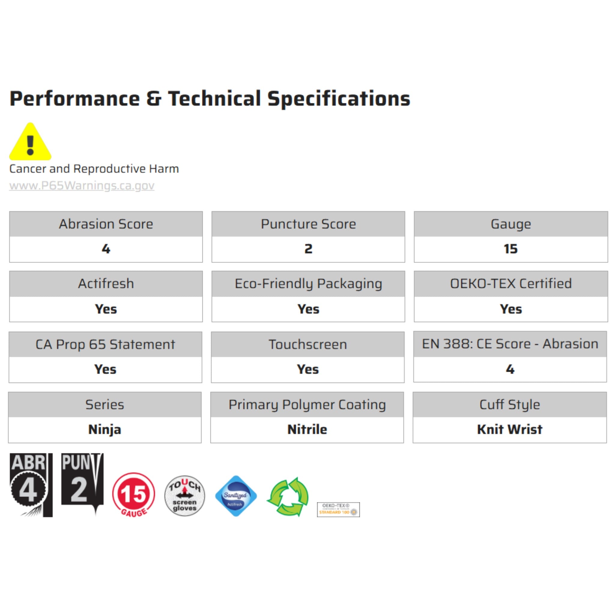MCR Safety Ninja BNF N96797 Work Gloves, Specs