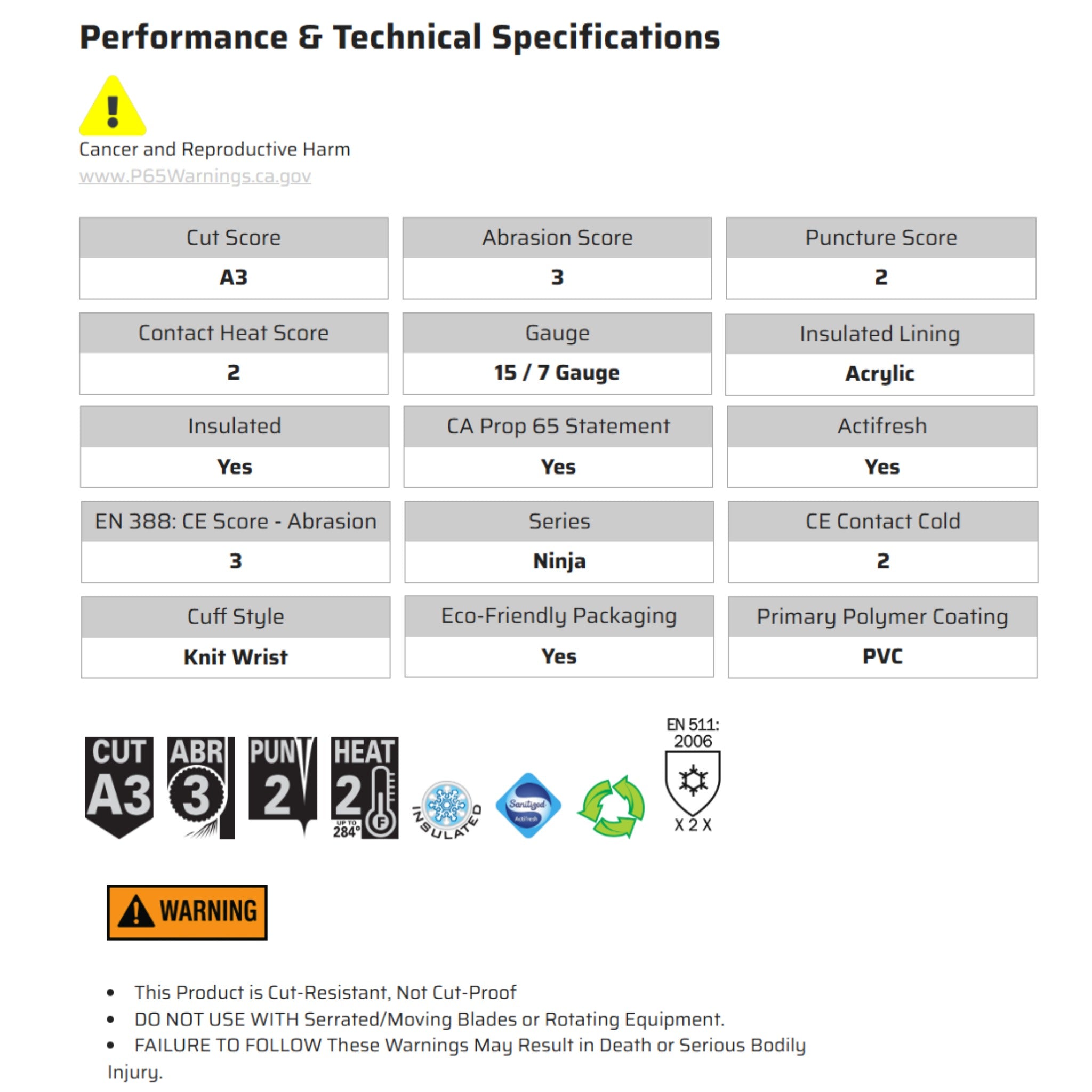 MCR Safety Ninja Ice N9690FC Work Gloves, Specs