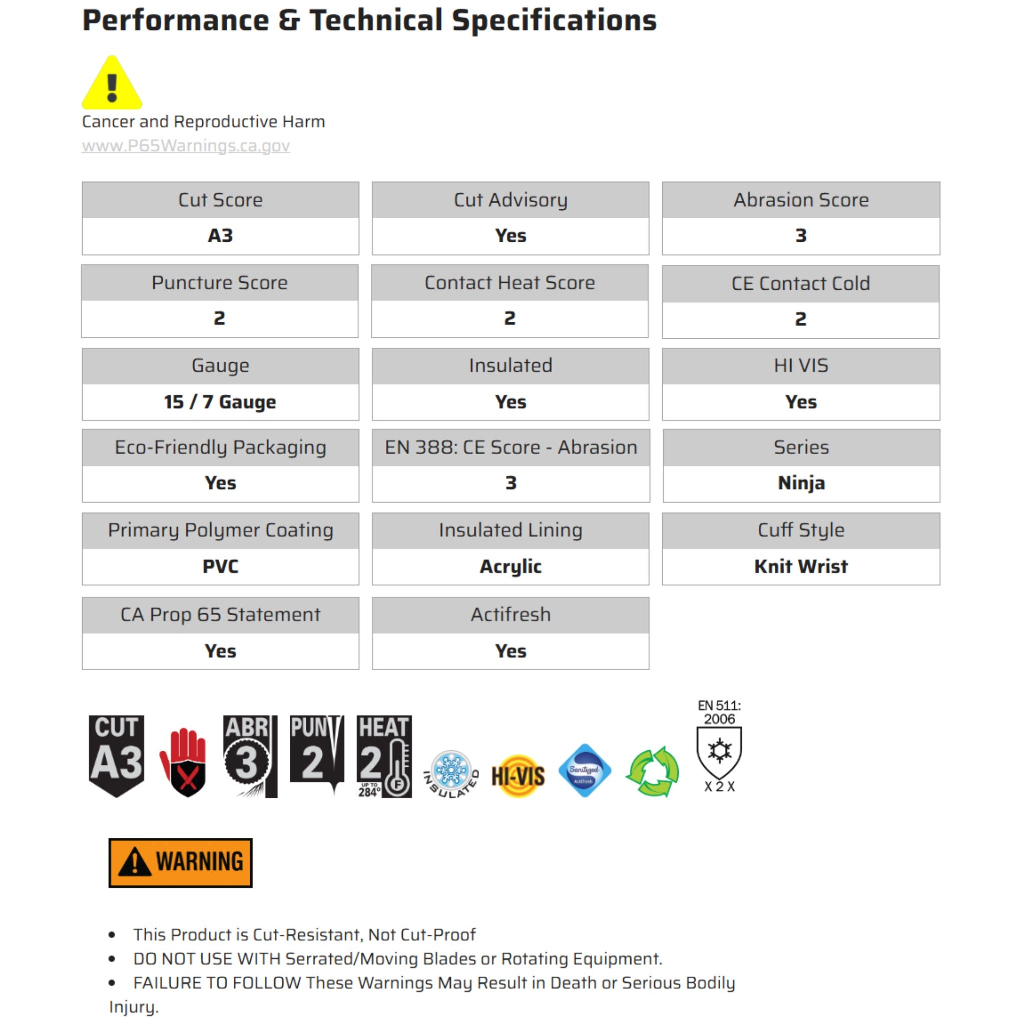 MCR Safety Ninja Ice N9690HV Work Gloves, Specs