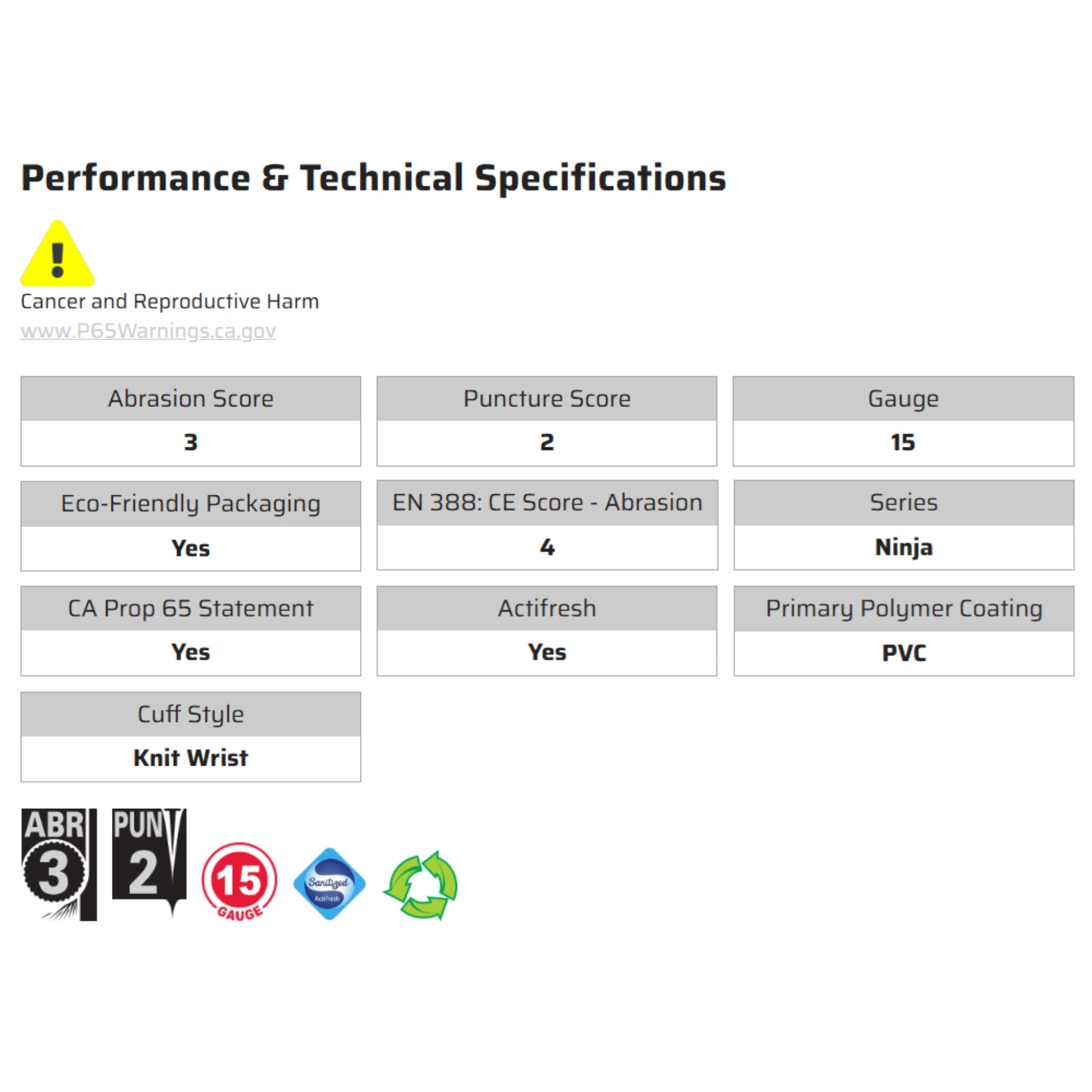 MCR Safety Ninja N9699 Work Gloves, Specs
