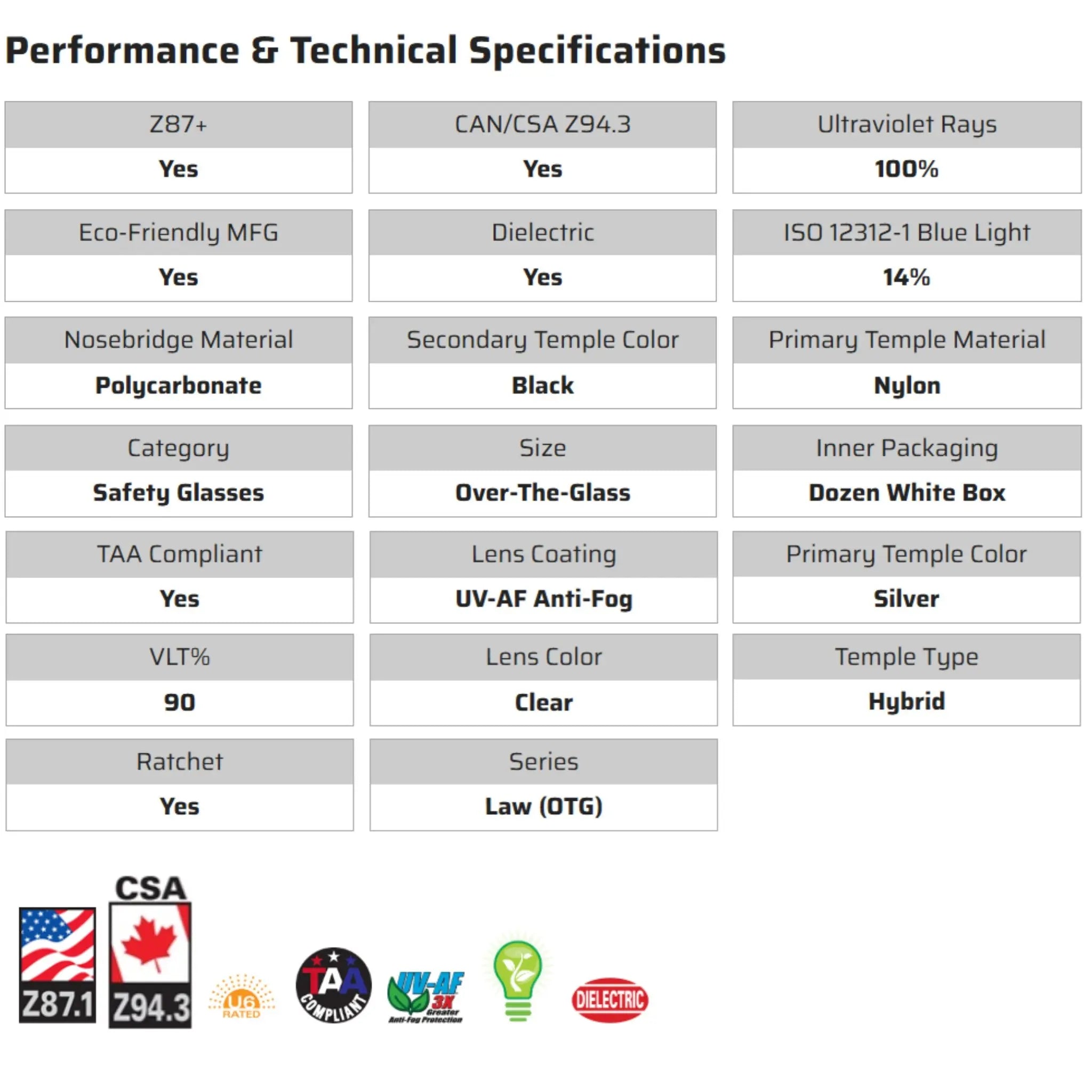 MCR Safety Law OTG OG110AF Safety Glasses, Specs