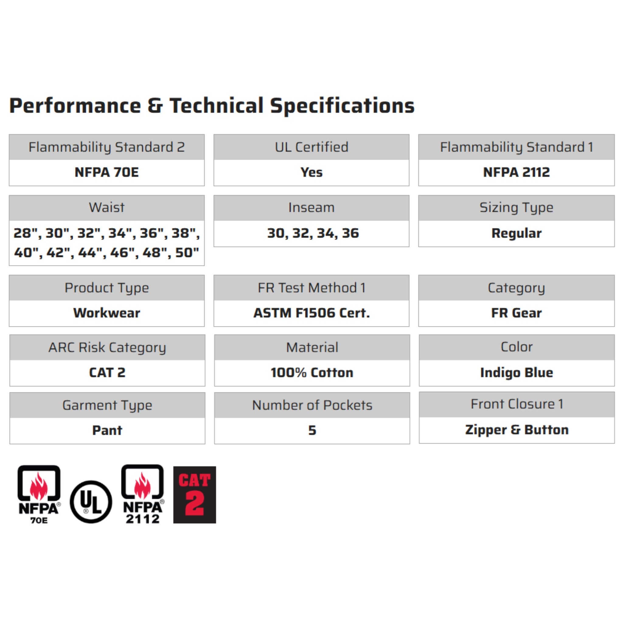 MCR Safety P1D FR Work Jeans, Specs
