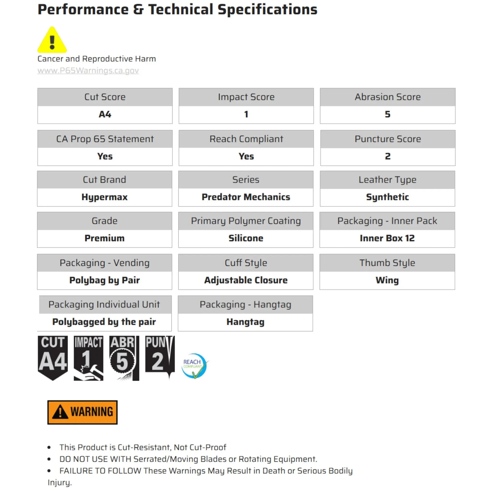 MCR Safety Predator Mechanics PD2909 Work Gloves, Specs1