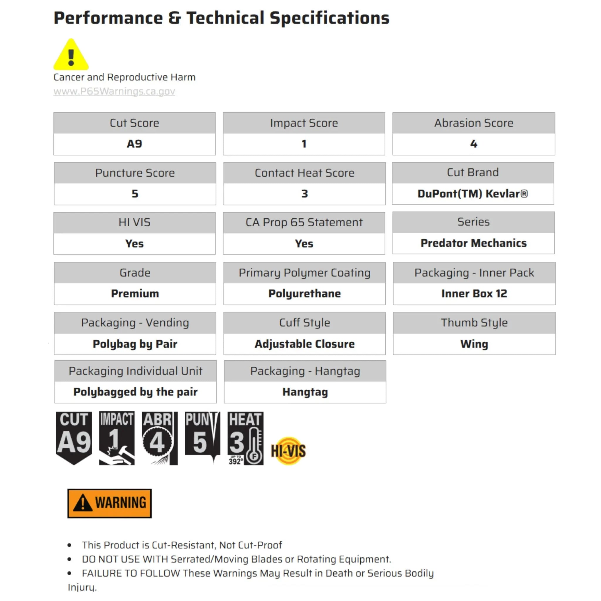 MCR Safety Predator PD4900 Work Gloves, Specs