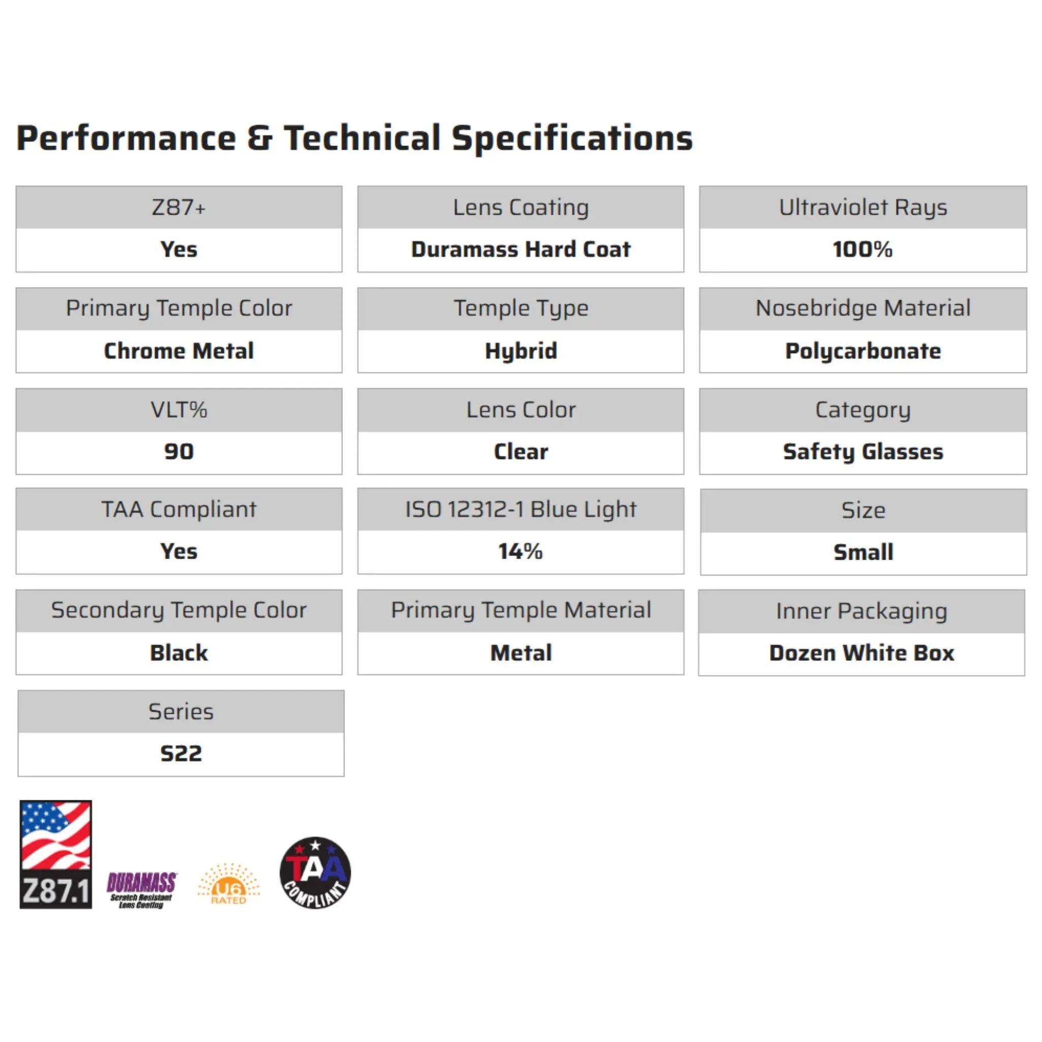 MCR Safety S22 Series S2210 Safety Glasses, Specs