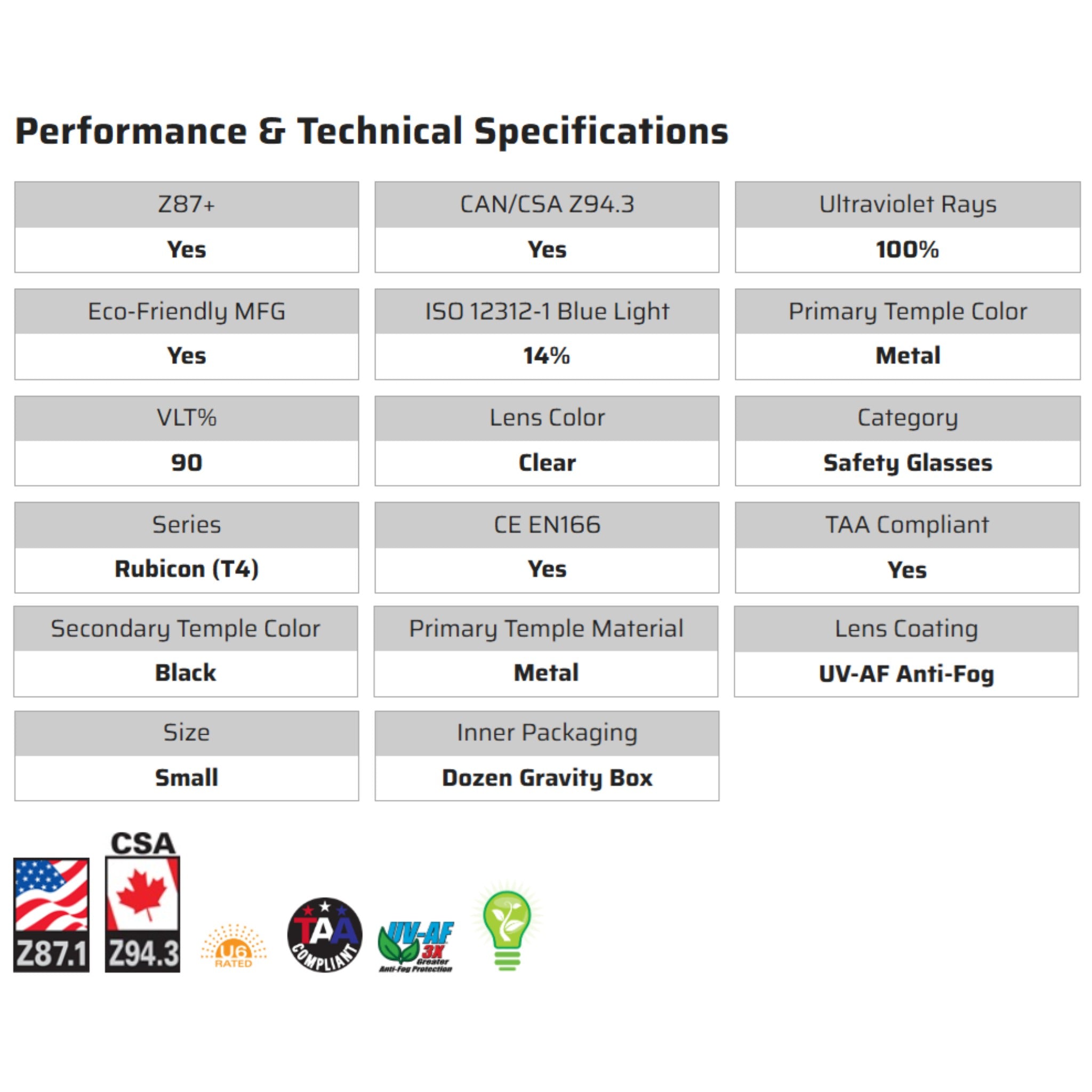 MCR Safety Rubicon T4 Series T4110AF Safety Glasses, Specs