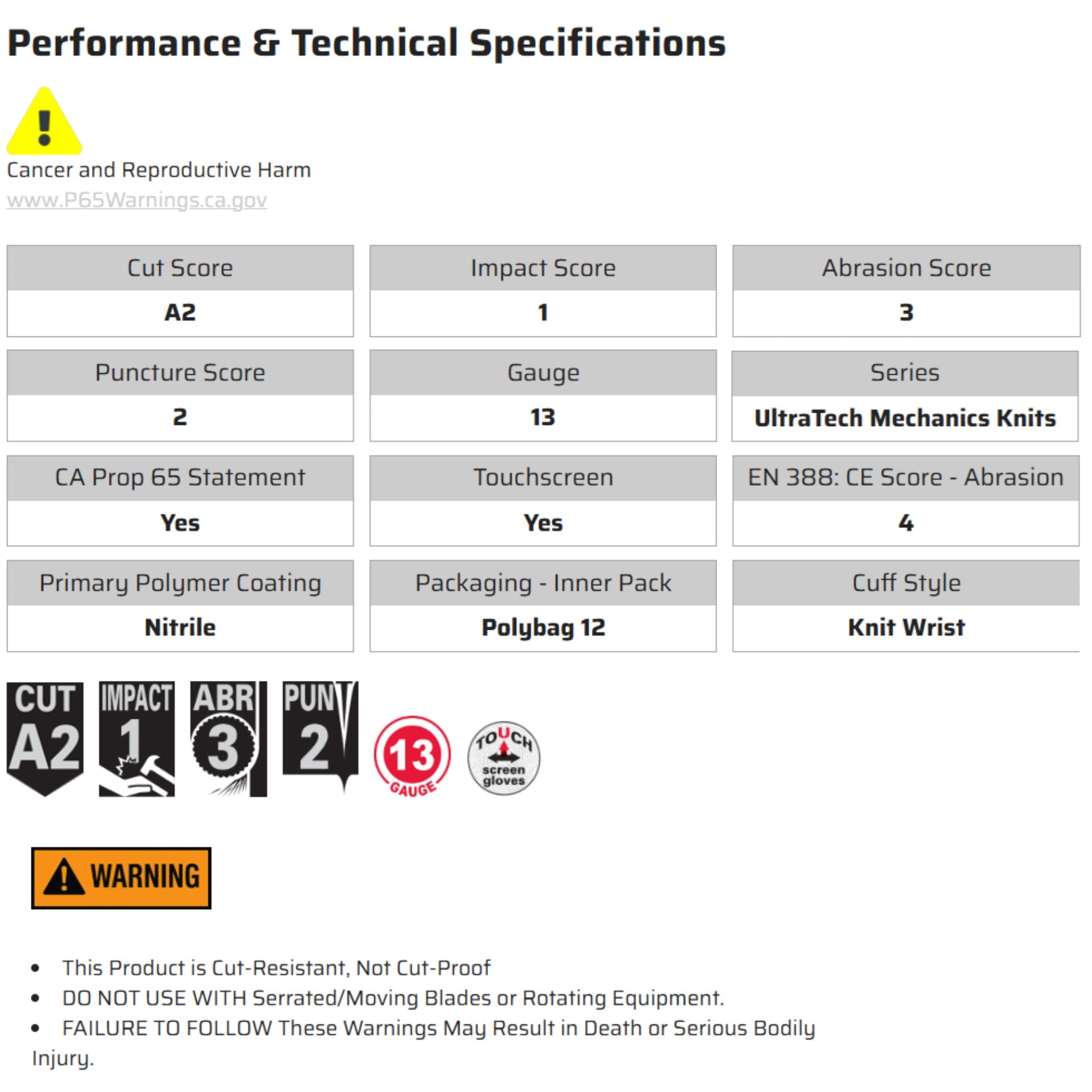 MCR Safety UltraTech UT1950 Work Gloves, Specs