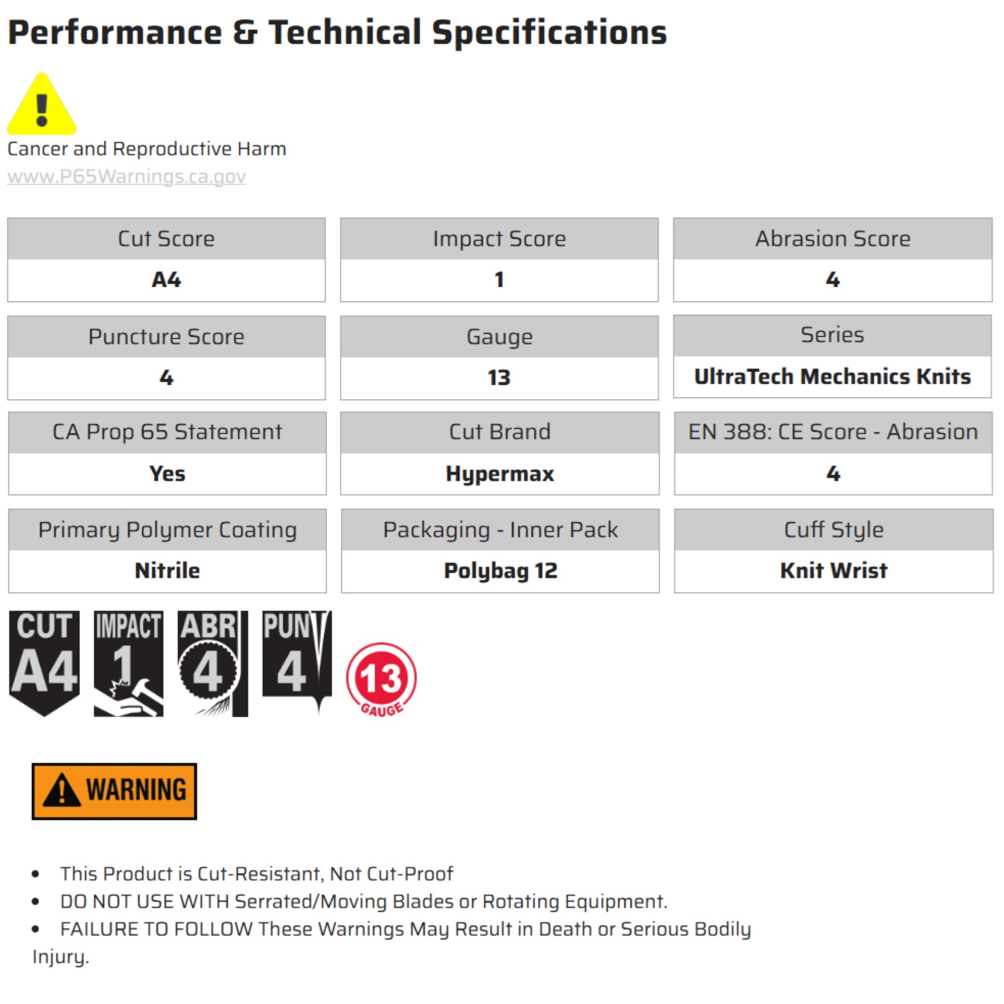 MCR Safety Ultratech UT1952 Work Gloves, Specs