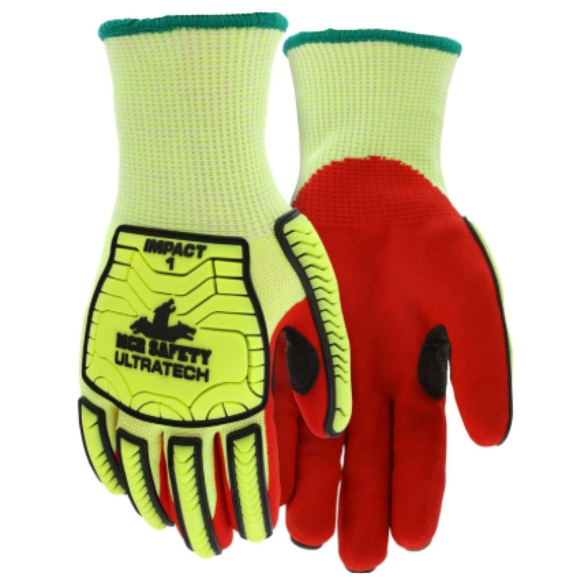 MCR Safety UltraTech UT1956 Hi-Vis Lime And Red Impact-Resistant Gloves, Front And Back View