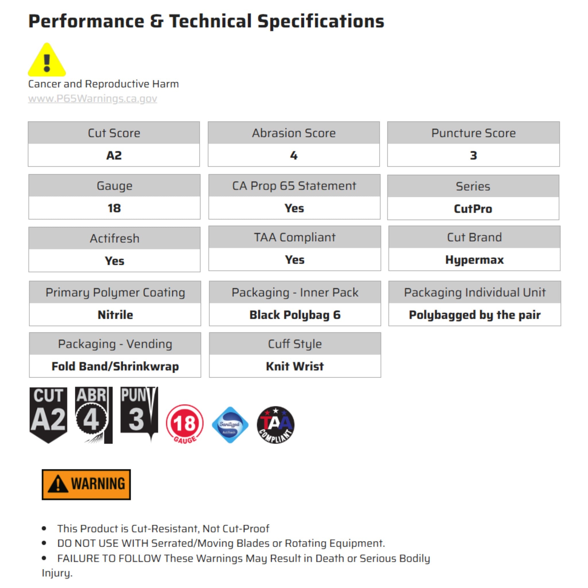 MCR Safety Cut Pro VP92718NF Work Gloves, Specs