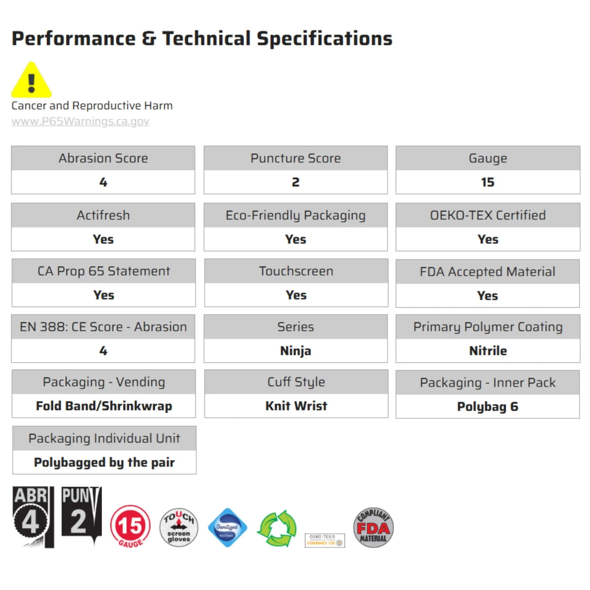 MCR Safety Ninja VPN96790 Work Gloves, Specs