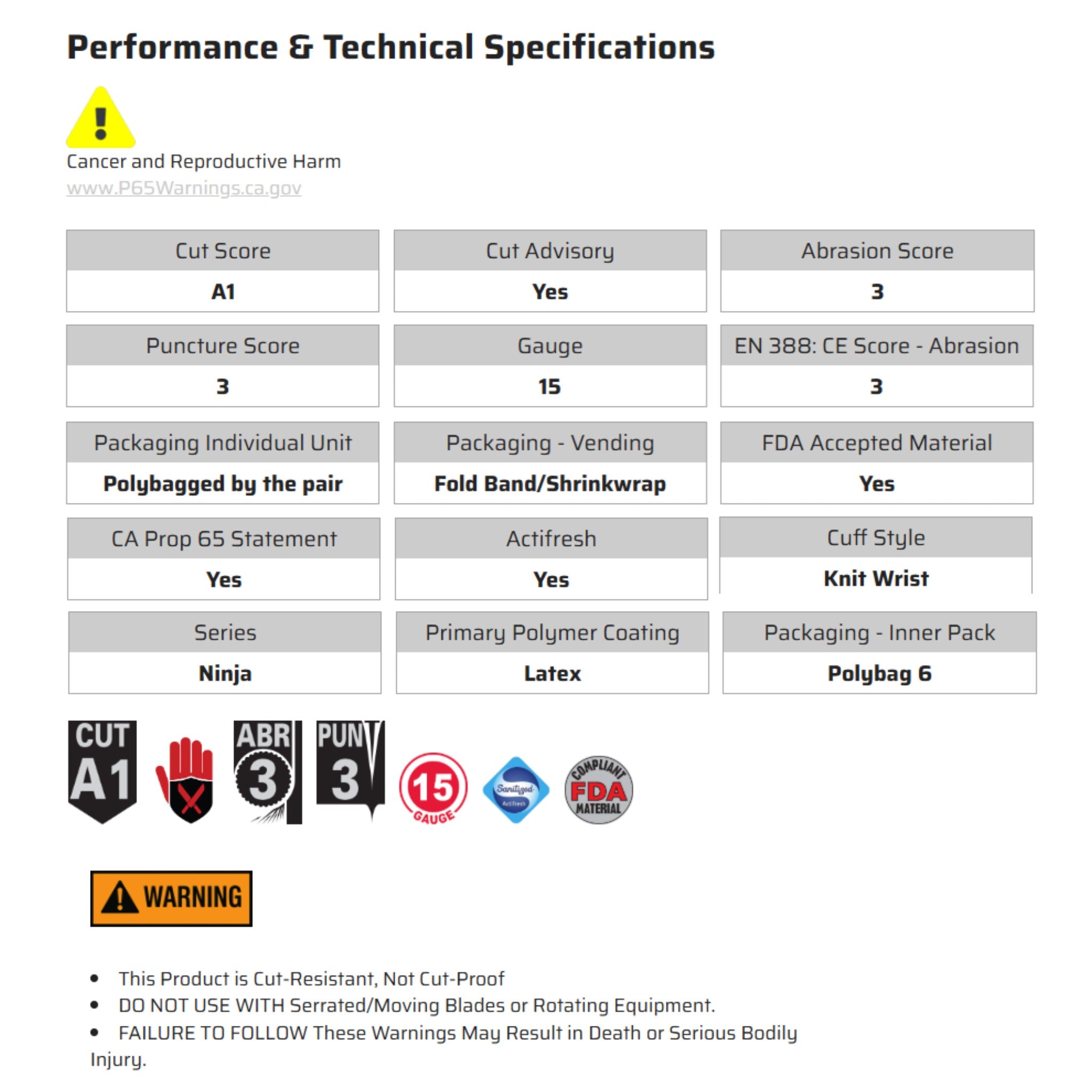 MCR Safety Ninja Flex VPN9680 Work Gloves, Specs