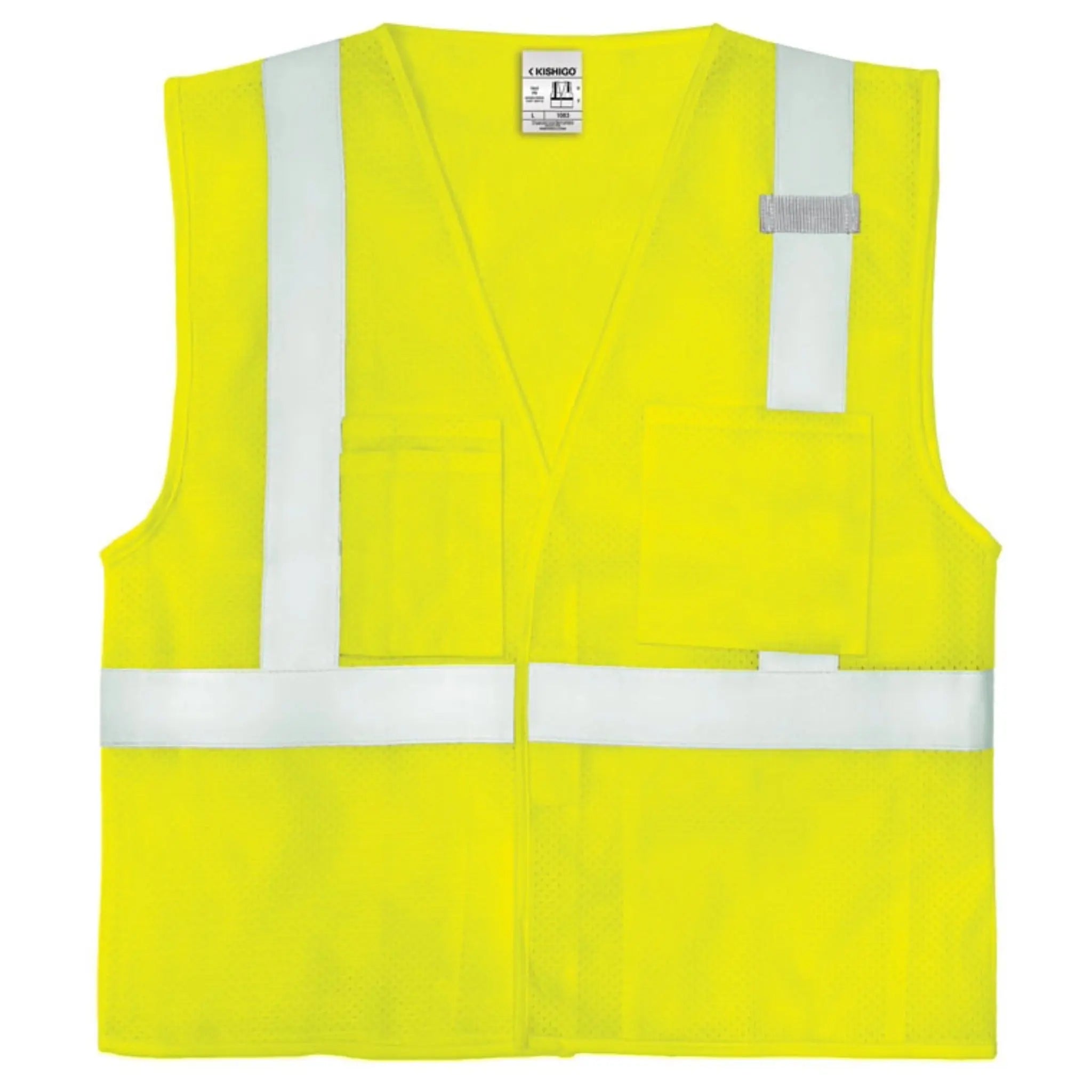 Kishigo 1083 ANSI Type R Class 2, 4 Pocket Hook and Loop Mesh Vest, Lime, 1 Each-Front-Flat