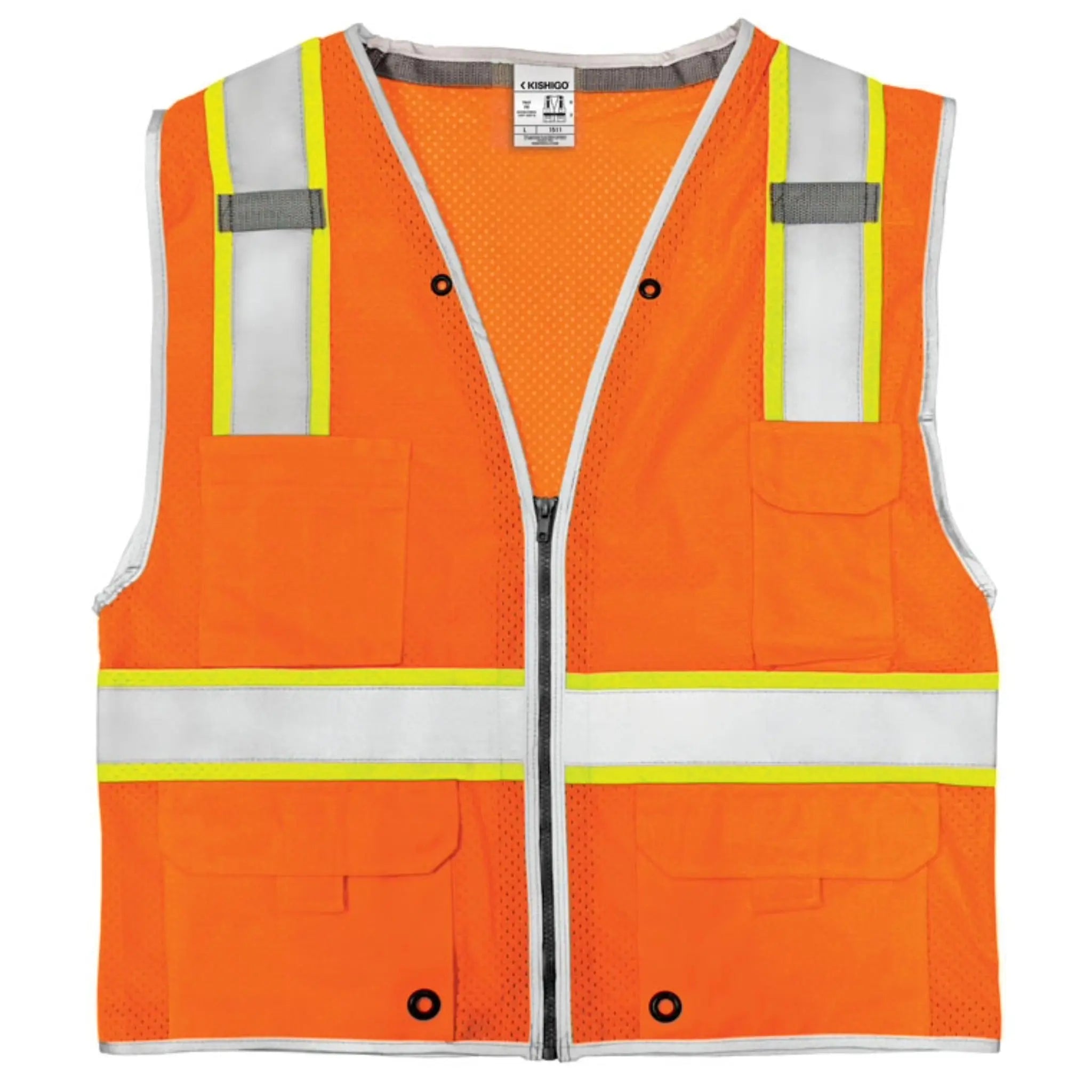 Kishigo Premium Brilliant Series Heavy Duty Vest, Type R, Class 2, Lime, 1 Each-Orange-Flat-Front