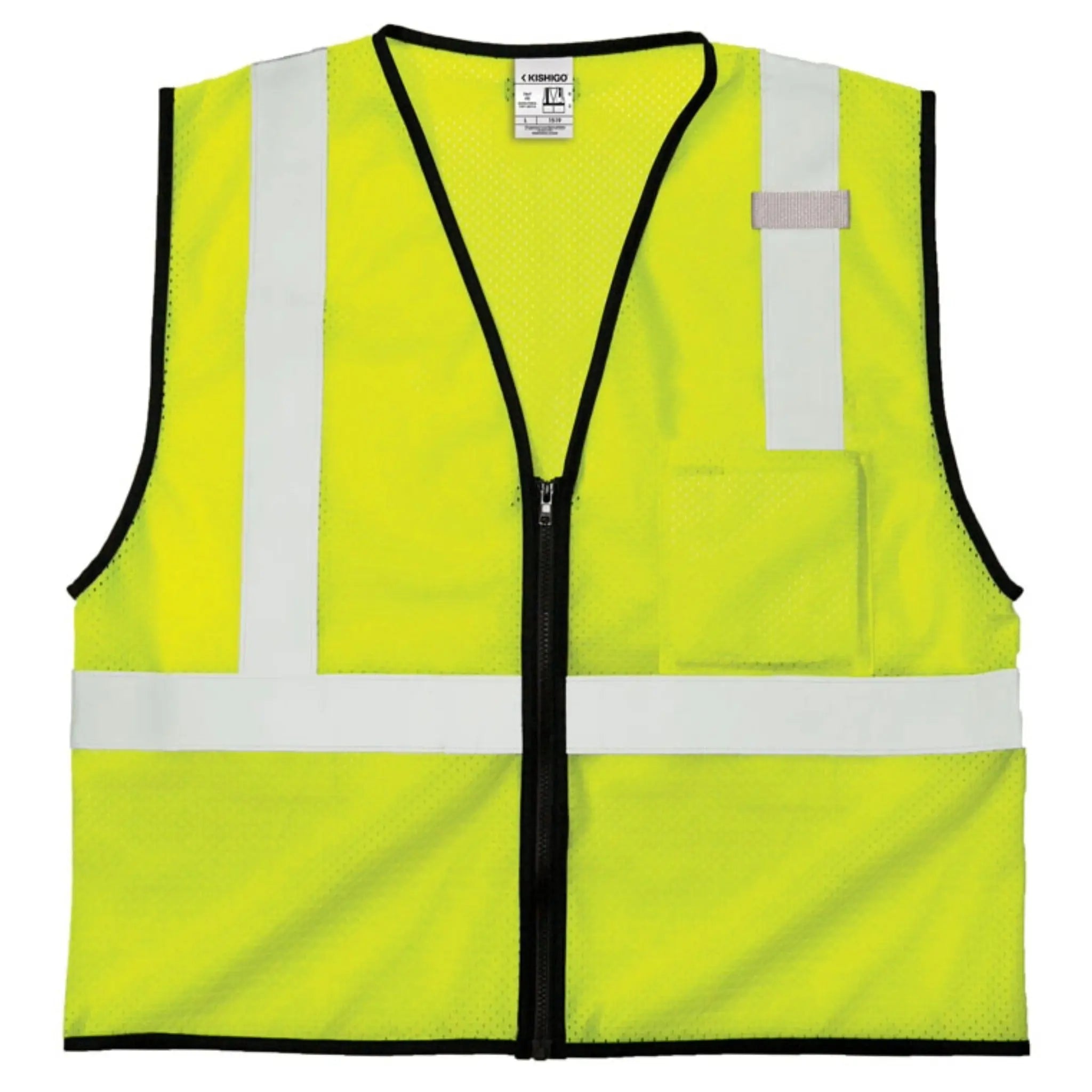 Kishigo 1519 Economy Class 2 Single Pocket Zipper Mesh Vest, Type R, Class 2, Lime, 1 Each-Front-Flat