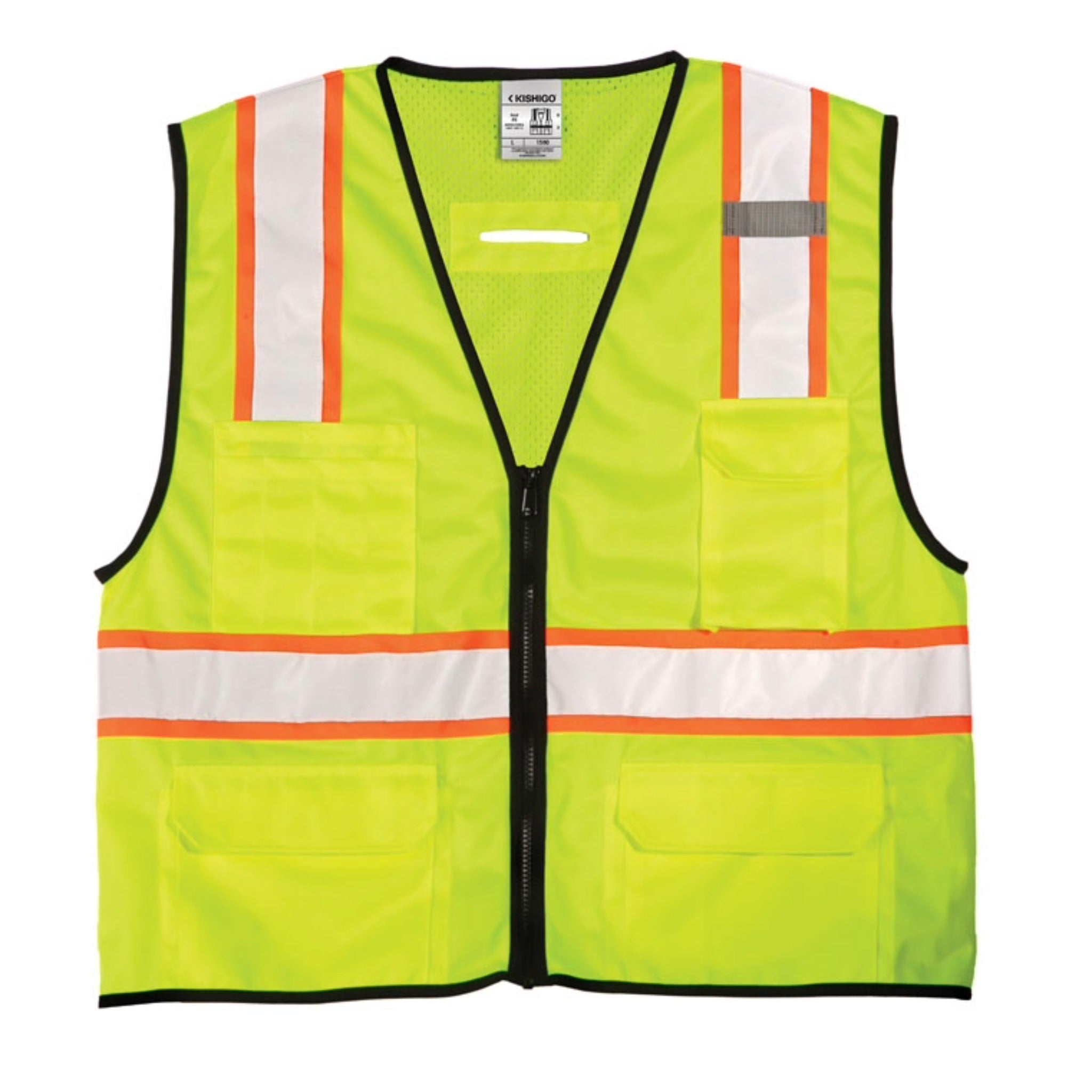 Kishigo 1580 Economy 6-Pocket Contrast Class 2 Vest, Type R, Class 2, Lime, 1 Each-Flat-Front