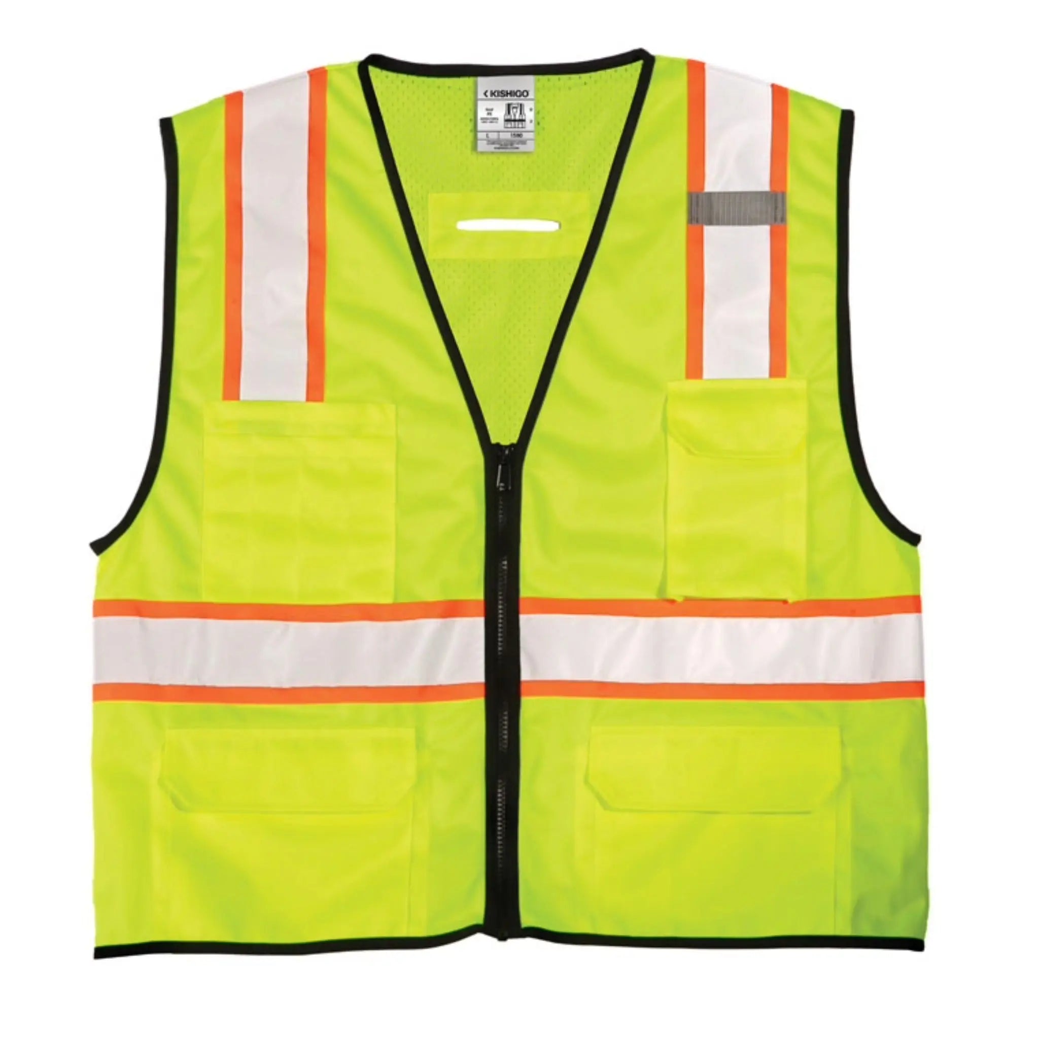 Kishigo 1580 Economy 6-Pocket Contrast Class 2 Vest, Type R, Class 2, Lime, 1 Each-Flat-Front