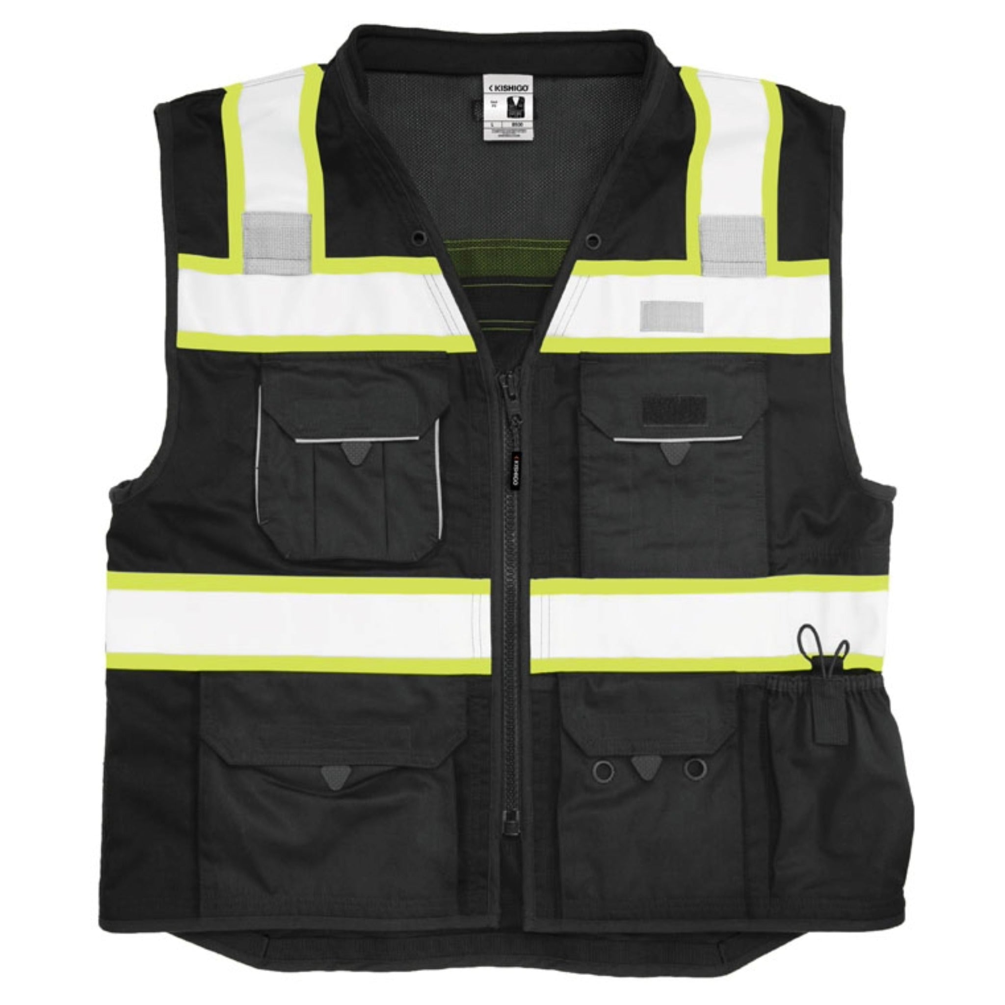 Kishigo B500 Enhanced Visibility Professional Utility Vest, Non-ANSI, Black/Lime, 1 Each-Front-flat