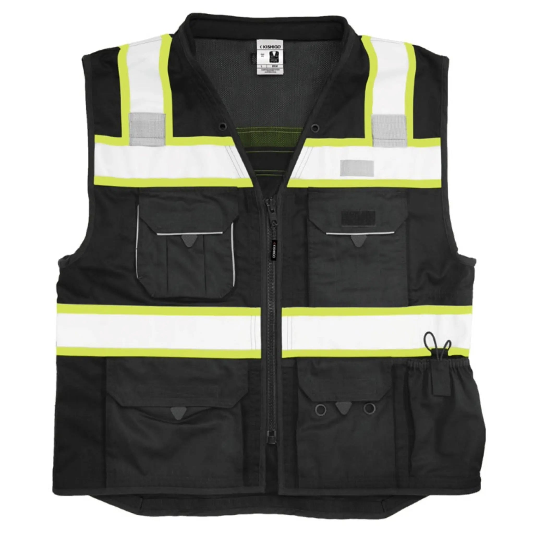 Kishigo B500 Enhanced Visibility Professional Utility Vest, Non-ANSI, Black/Lime, 1 Each-Front-flat