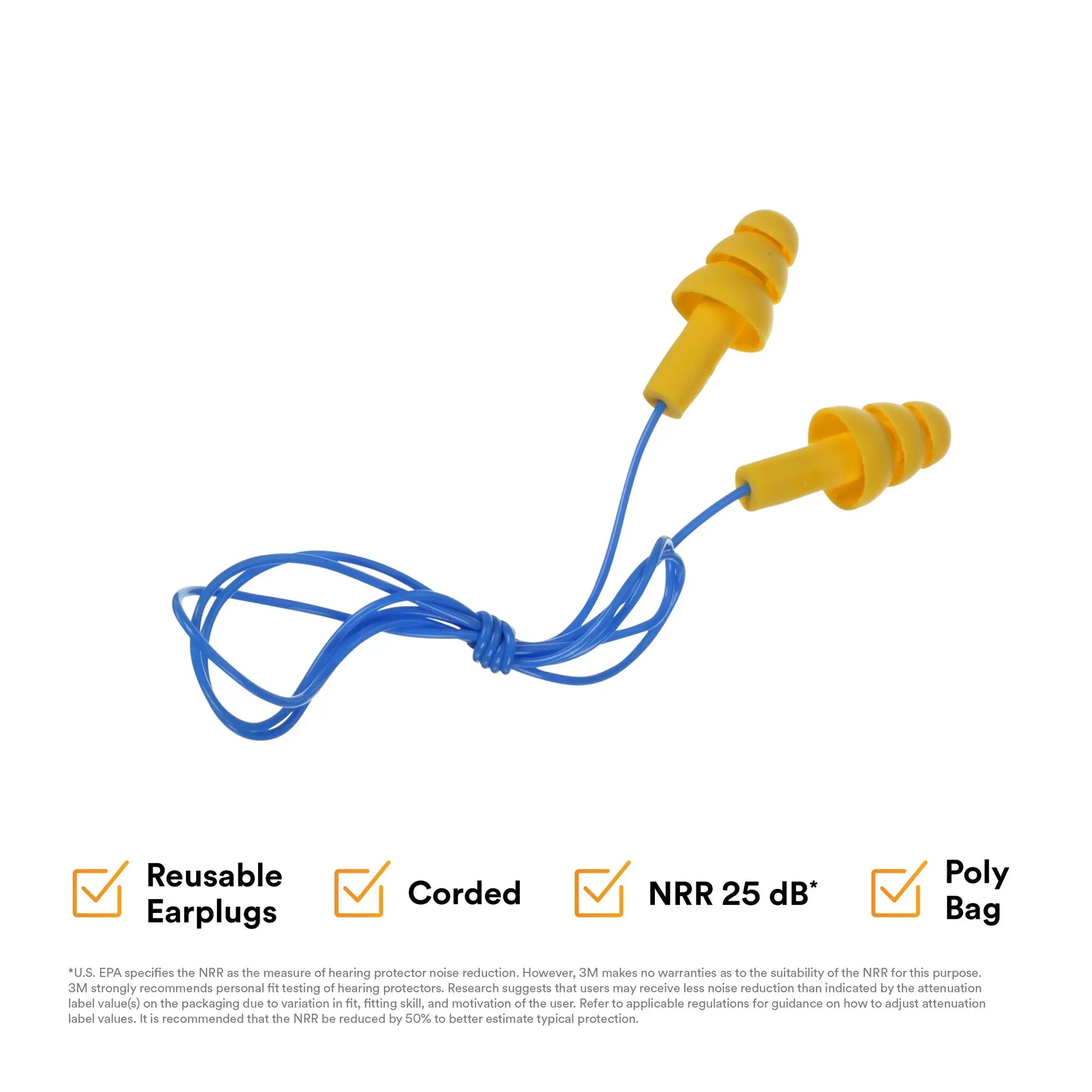3M E-A-R UltraFit 340-4004 Elastomeric Polymer Corded Earplugs, Yellow, Box of 100 Pairs