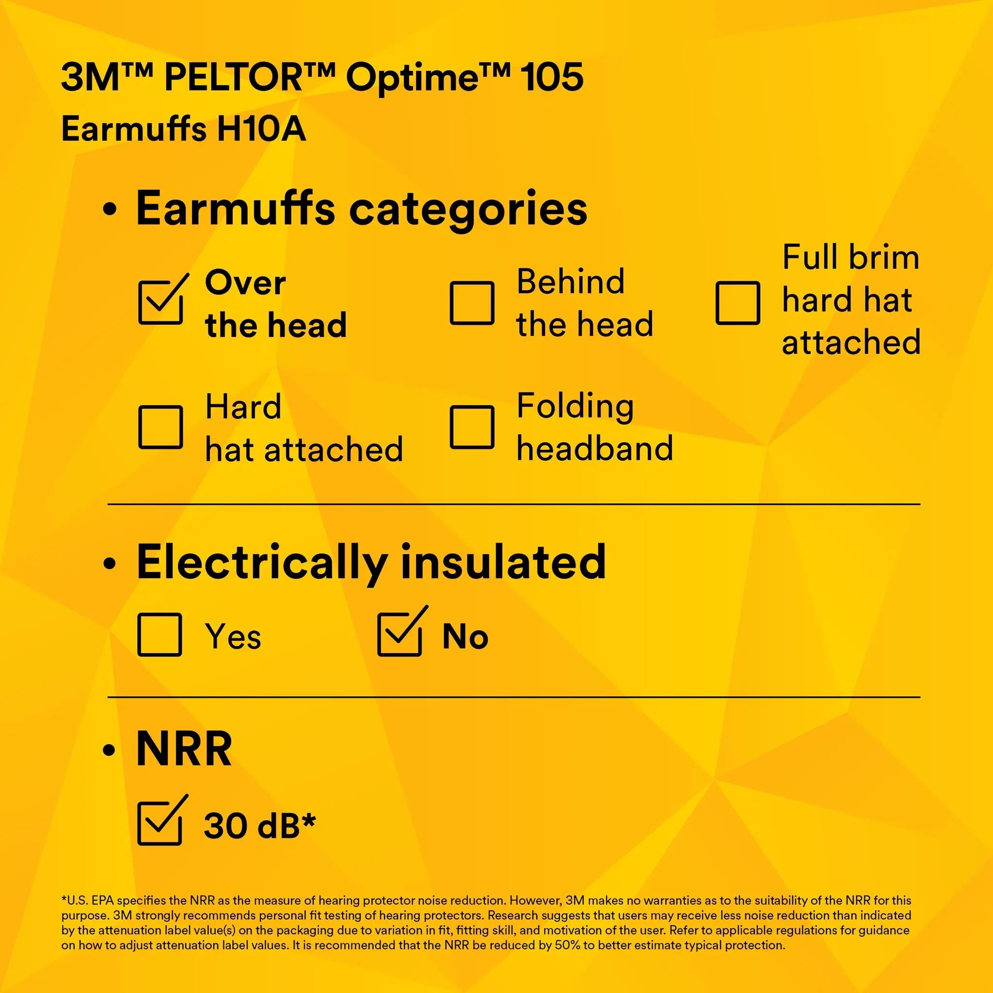3M Peltor H10A Optime 105 Over-the-Head Earmuffs, Black, Performance Data