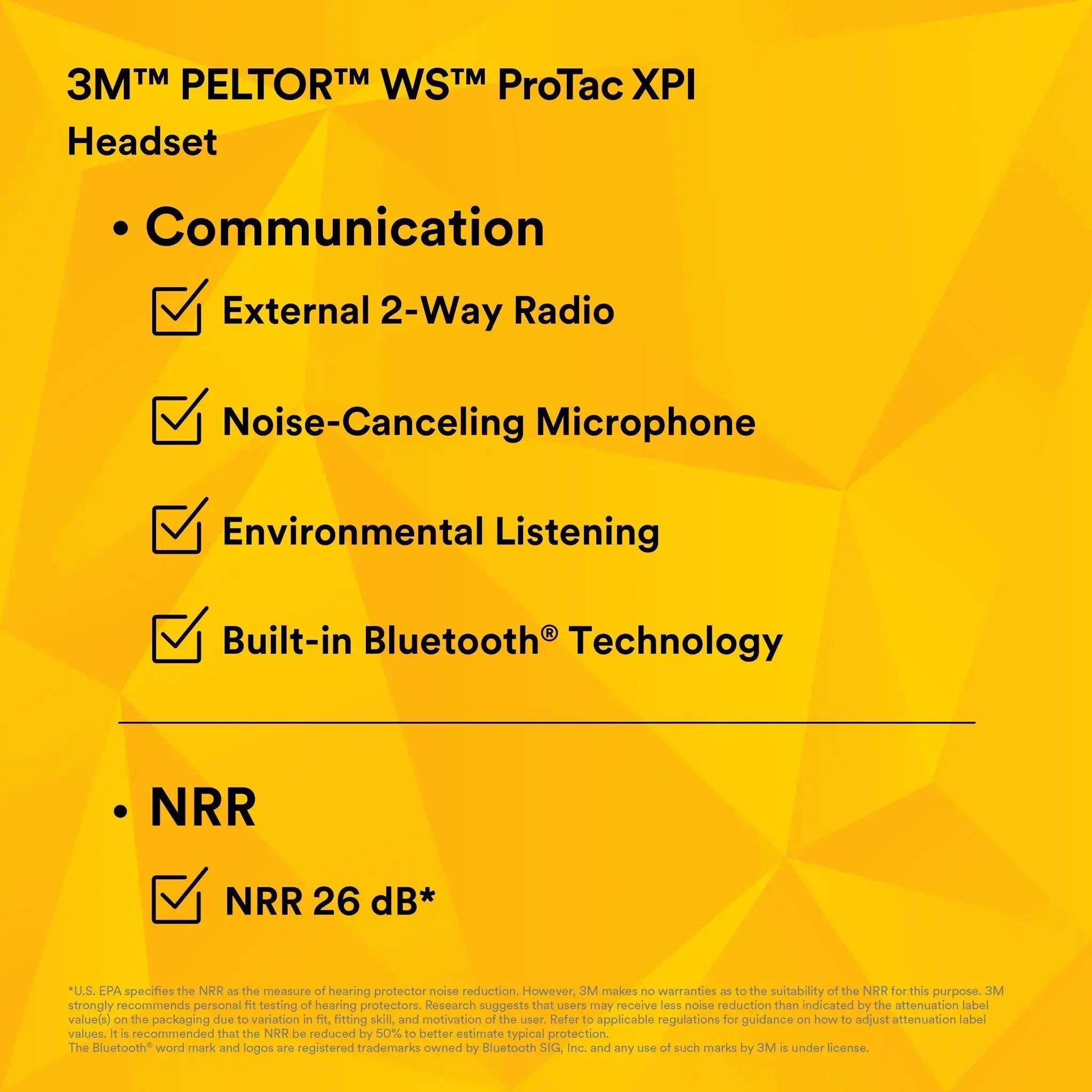 3M Peltor MT15H7AWS6 WS ProTac XPI Headset, Headband Style, Hi-Vis Yellow, Performance Data