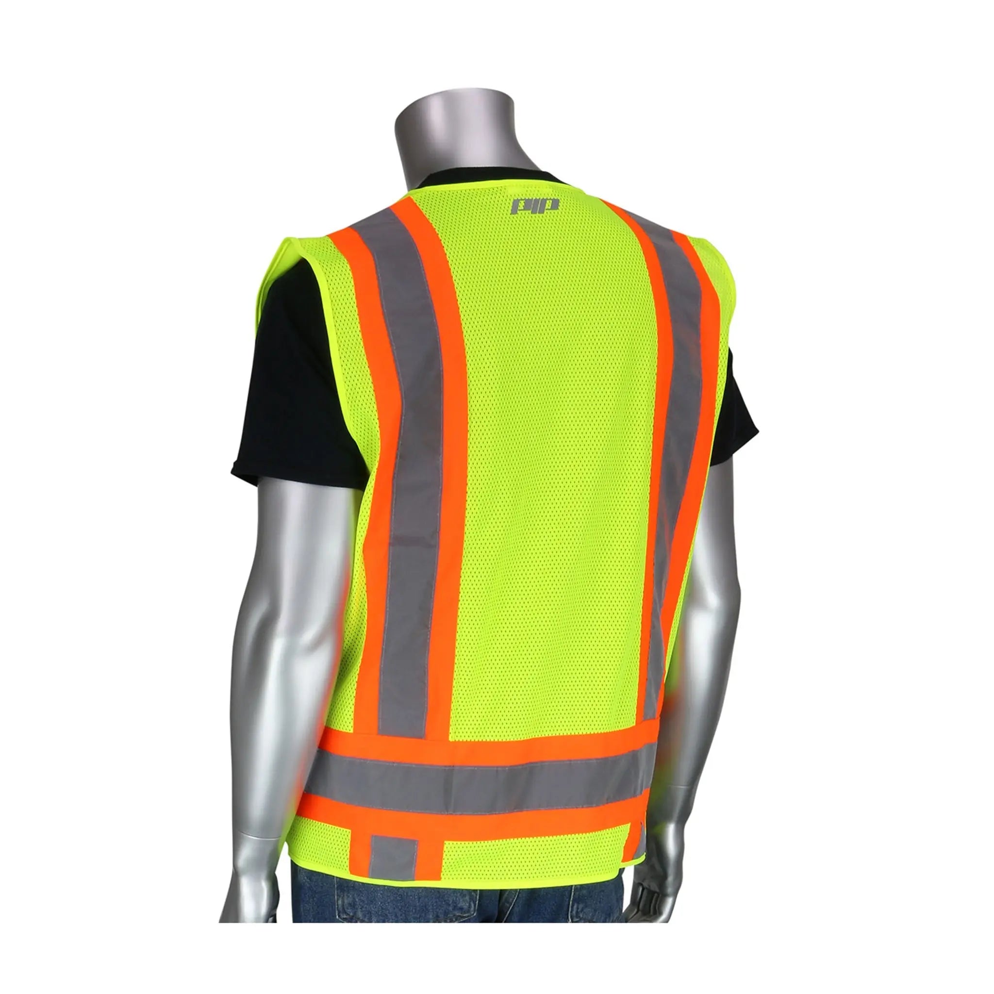 PIP 302-0500M-LY/XL ANSI Type R Class 2 Two-Tone Eleven Pocket Mesh Surveyors Vest, Hi-Vis Yellow, X-Large, 1 EachÂ