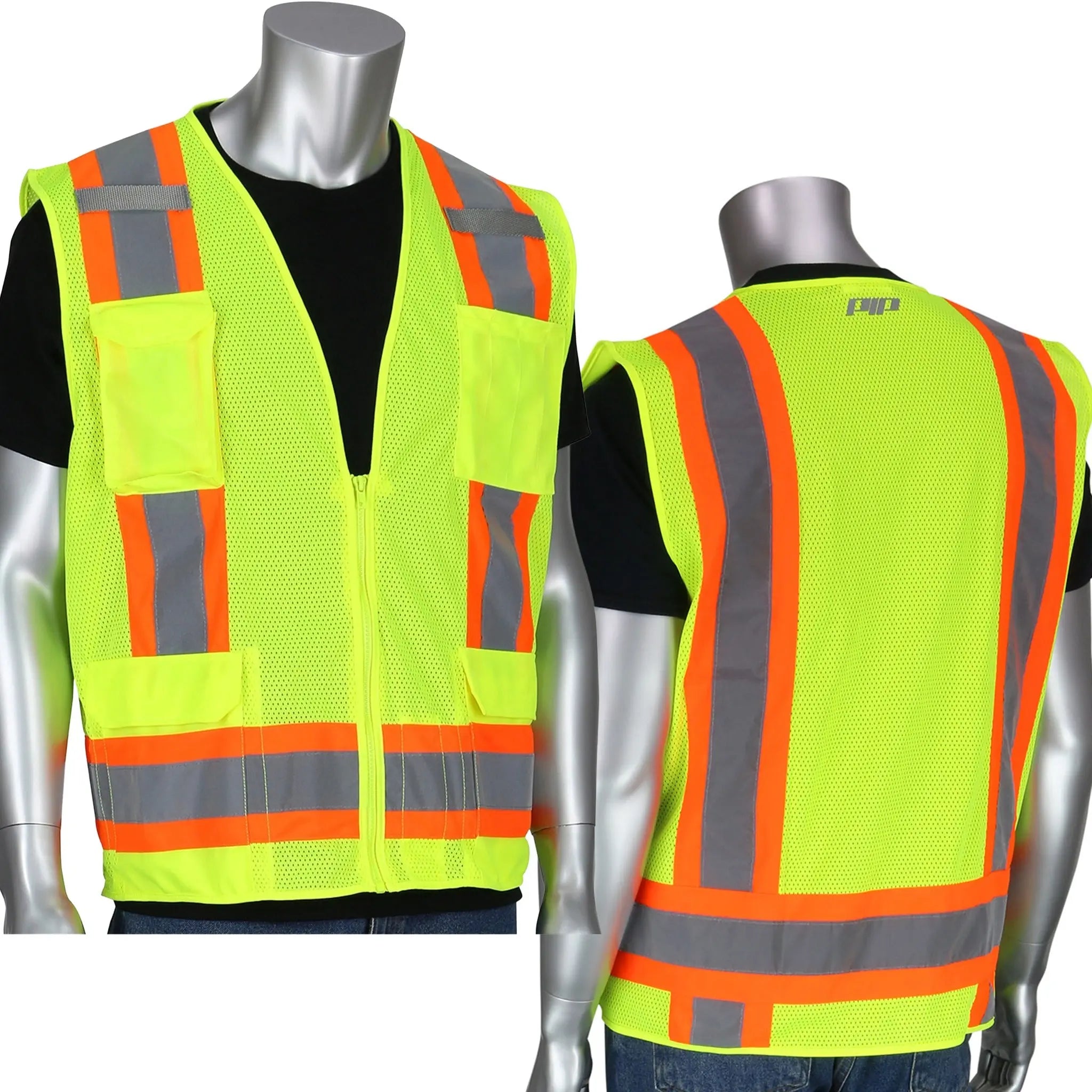 PIP 302-0500M-LY/XL ANSI Type R Class 2 Two-Tone Eleven Pocket Mesh Surveyors Vest, Hi-Vis Yellow, X-Large, 1 Each