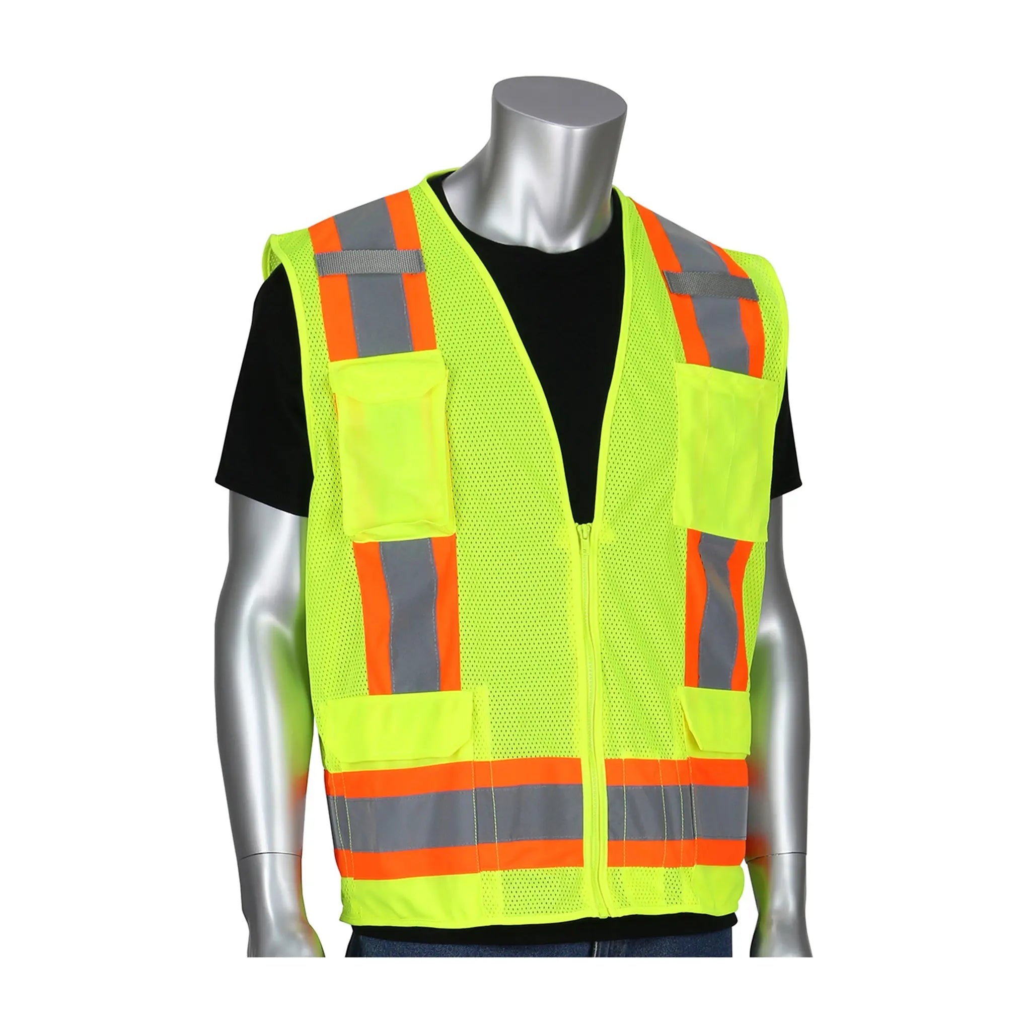 PIP 302-0500M-LY/XL ANSI Type R Class 2 Two-Tone Eleven Pocket Mesh Surveyors Vest, Hi-Vis Yellow, X-Large, 1 EachÂ