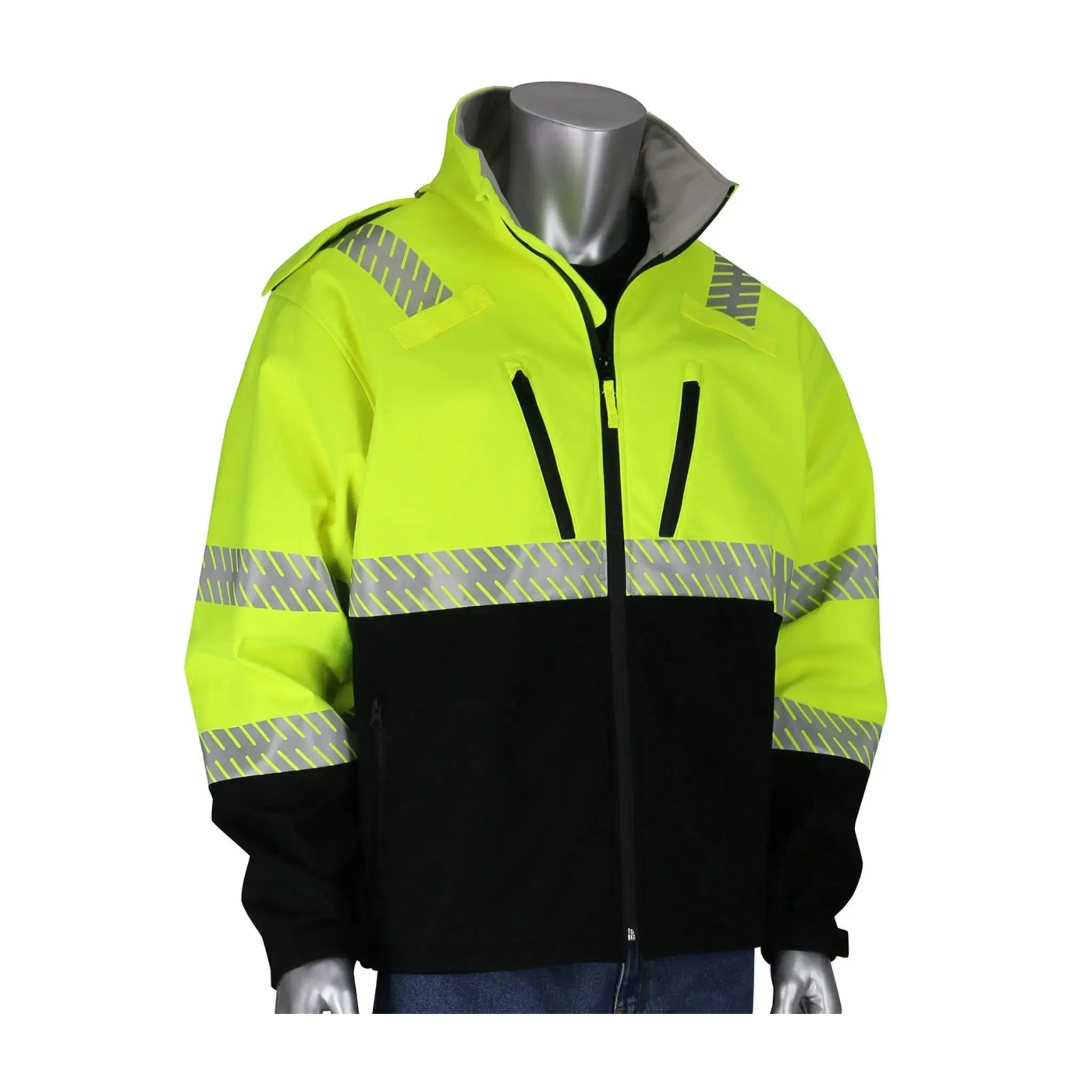 PIP 333-1550-LY Softshell Black Bottom Jacket, ANSI Type R Class 3, Ripstop, Hi-Vis Yellow_Front_Main