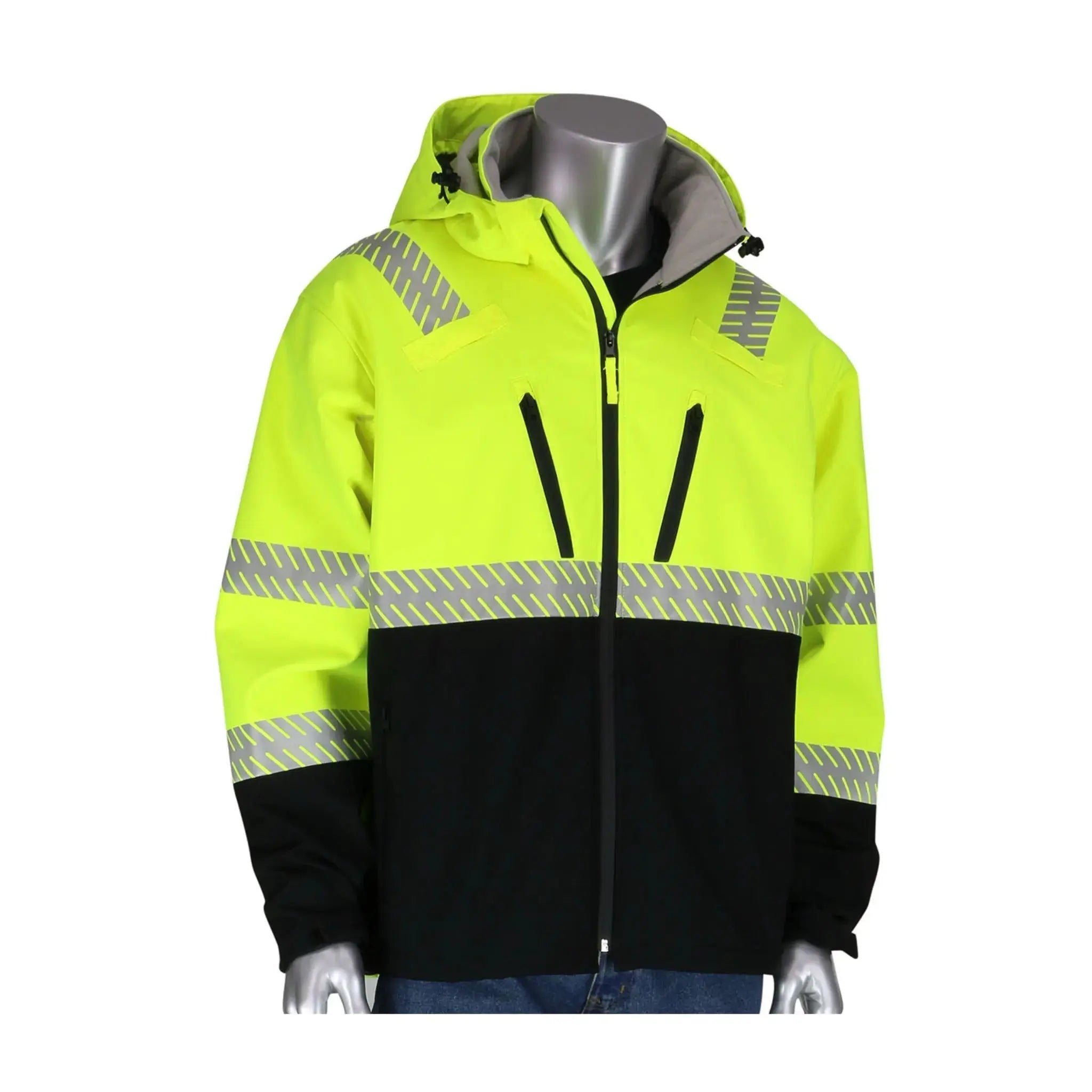 PIP 333-1550-LY Softshell Black Bottom Jacket, ANSI Type R Class 3, Ripstop, Hi-Vis Yellow, Hood shown