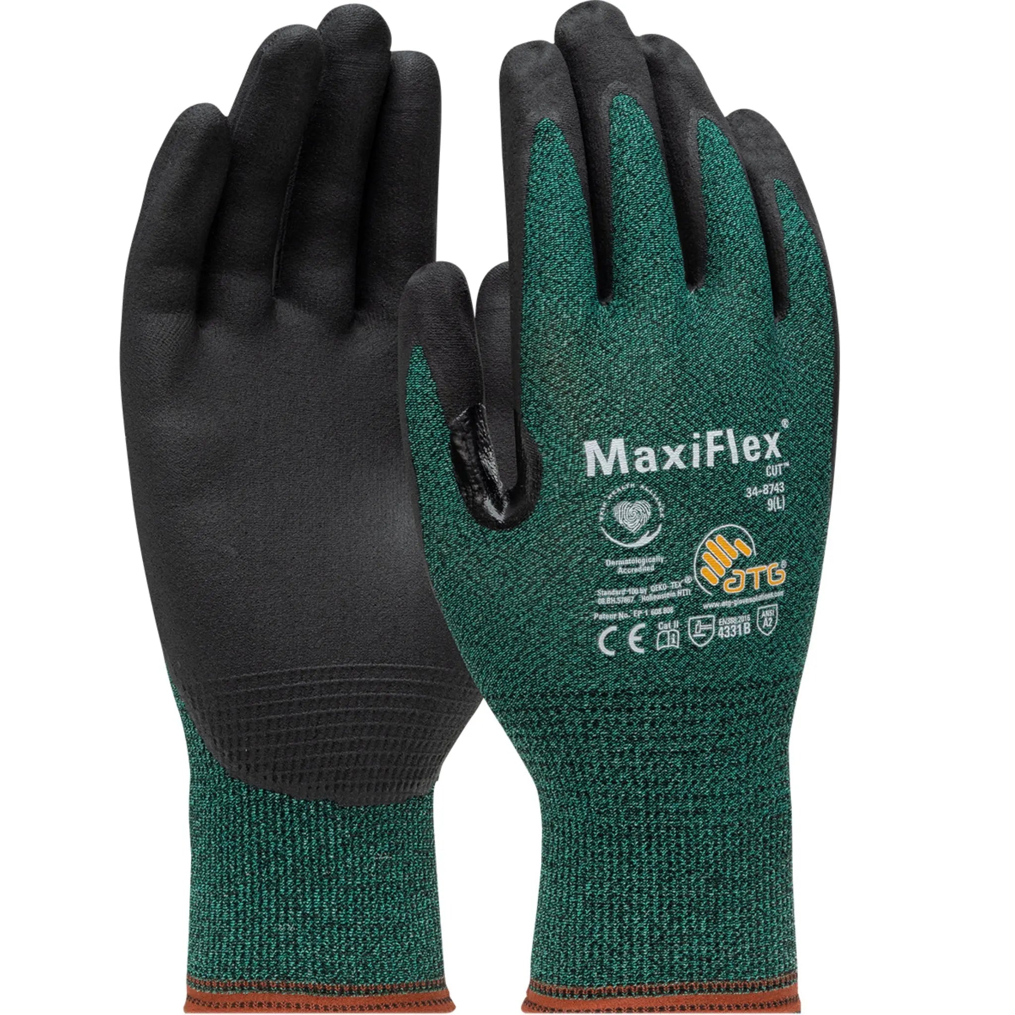 PIP ATG 34-8743 MaxiFlex Cut Seamless Knit Glove with Black MicroFoam Nitrile Coated, Green, Front and Back View